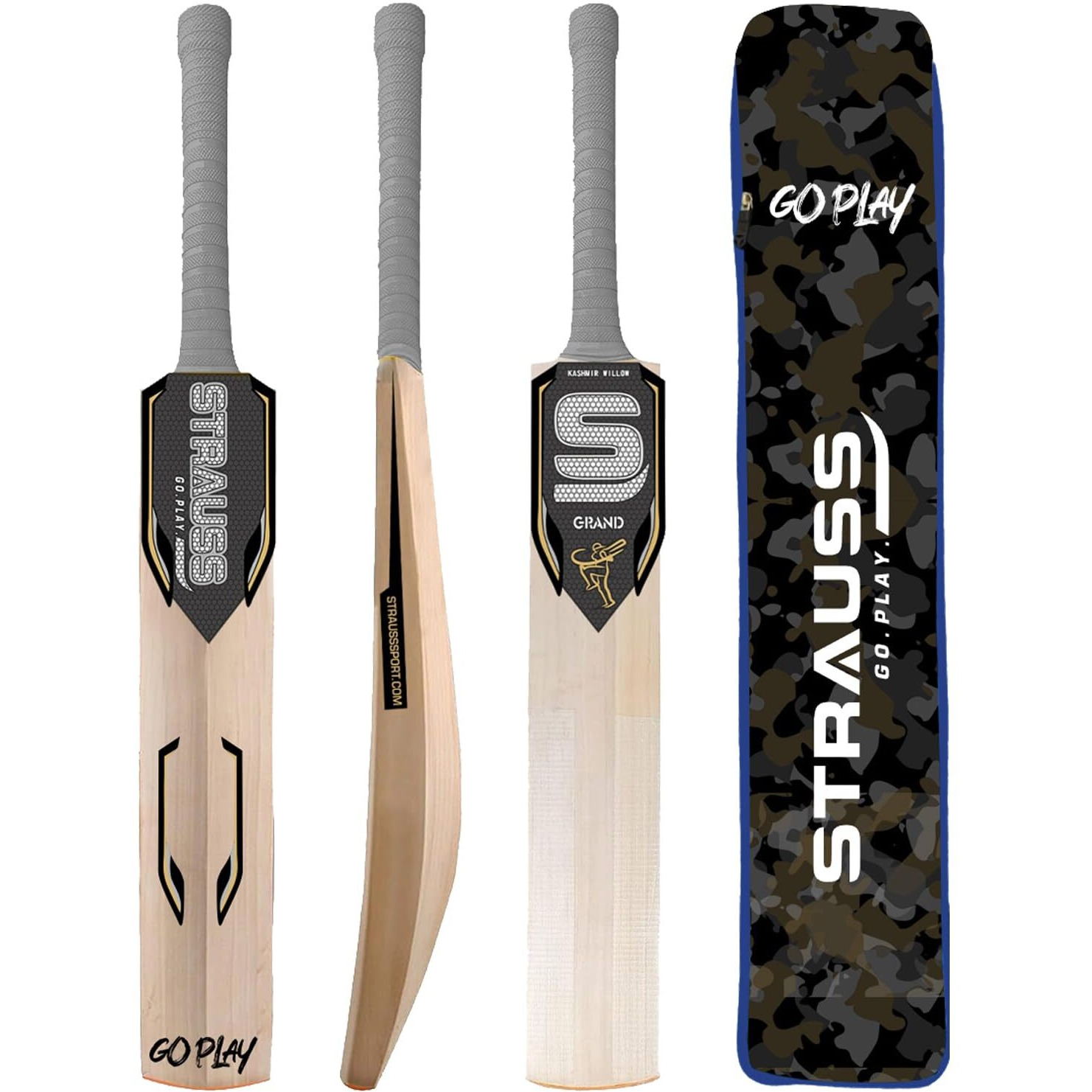 STRAUSS Grand Kashmir Willow Cricket Bat | Size Short Handle (SH) | Suitable for Leather Tennis Ball | Age group 13+ yrs | for Youth Adults | Anti Scuff Sheet & Bat Cover | Grey | (1050-1200 Grams)