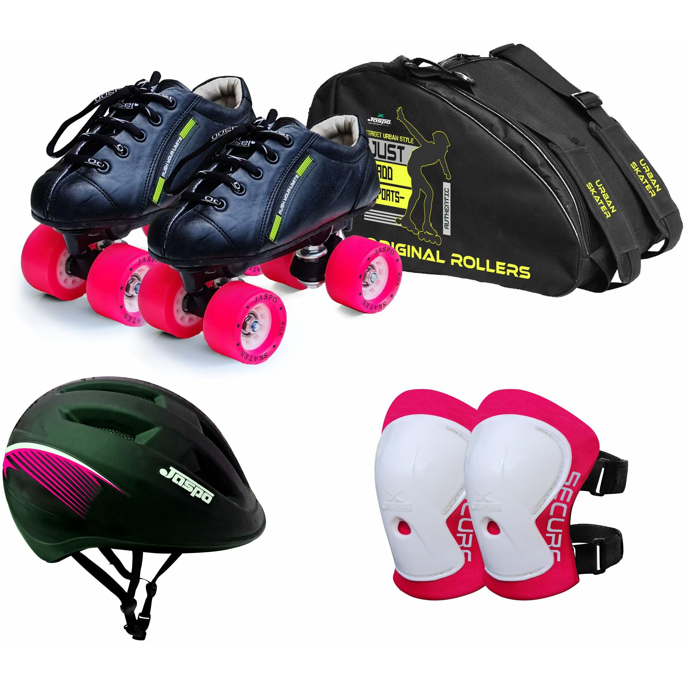 Jaspo Skater Girl Eco Shoe Skate Combo (Shoe Skates+ Helmet+Knee+Bag) (Size-4 UK (Age 10-11 yrs), Skater Girl ECO)