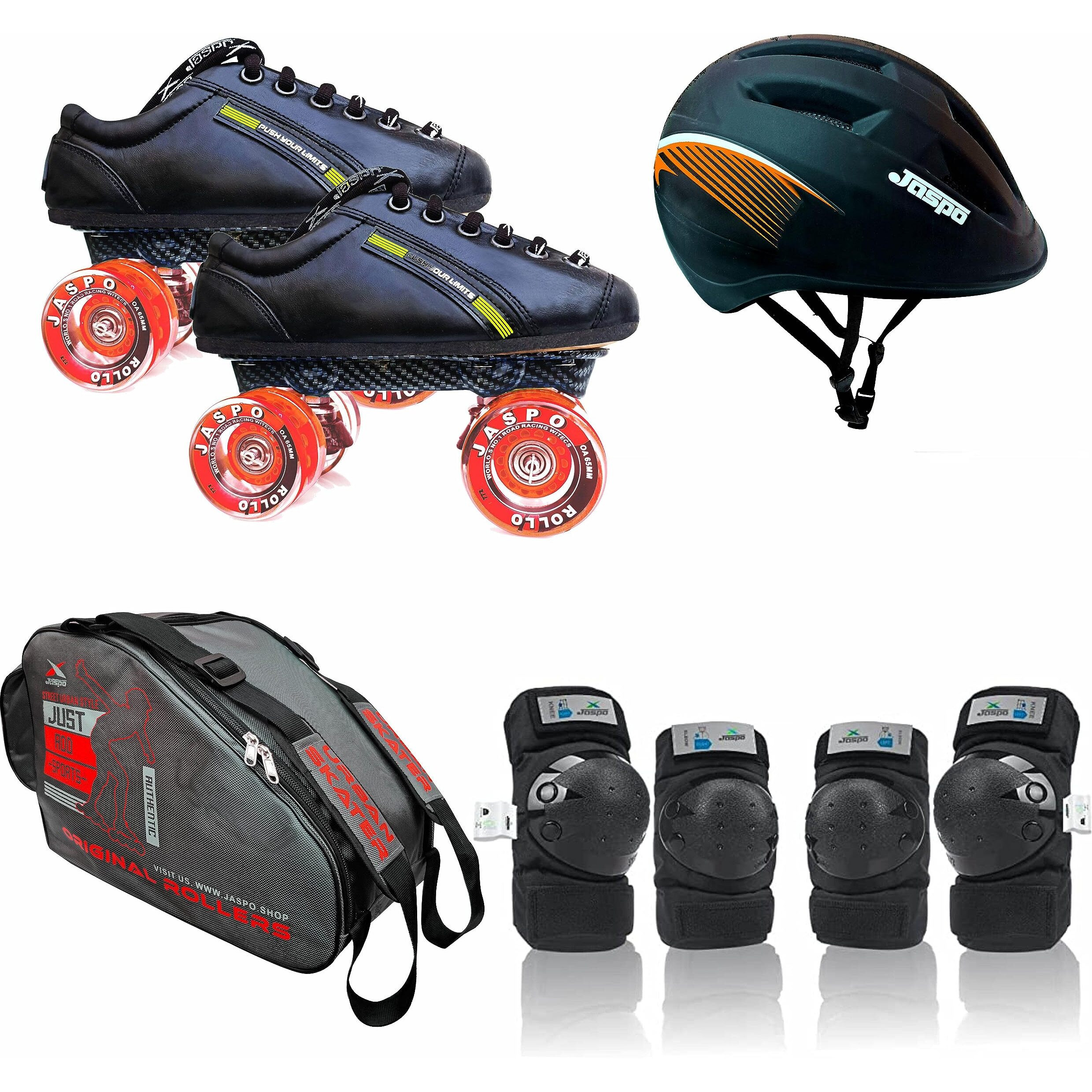 Jaspo Hyper-X Orange-Black Intact Shoe Skate Combo(Shoe Skate+ Knee Guard+ Elbow Guard+ Helmet+ Bag) (5 UK (Foot Length 24.5 cms)