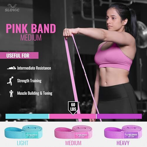 SLOVIC Long Fabric Resistance Bands | Medium Resistance - Pink, 60LB | Anti-Slip Resistance Bands for Calisthenics with Workout Guide for Glutes, Hip, Thigh, Arms & Leg Workout (1 Year Warranty)