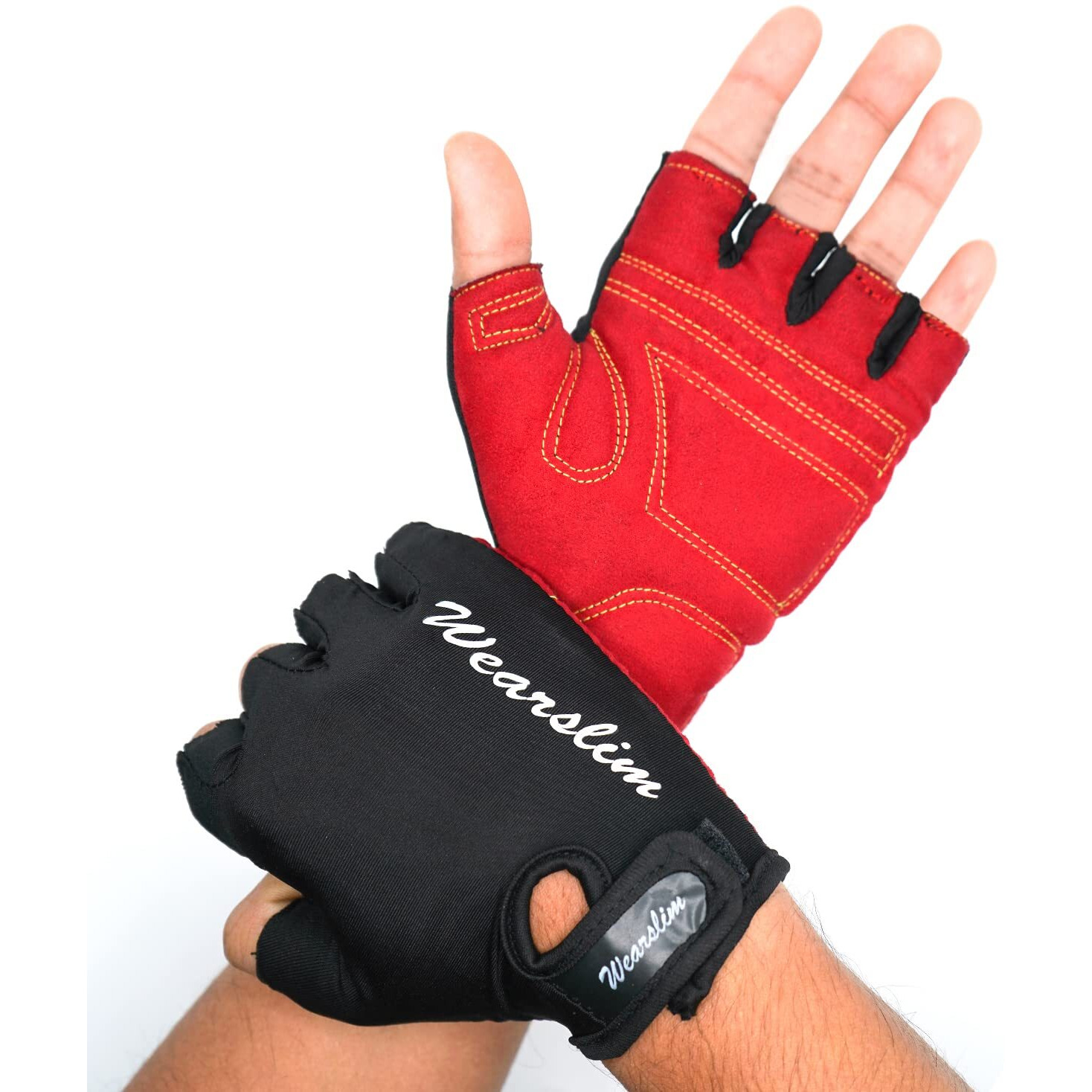 Wearslim Premium Workout Weight Lifting Fingerless Gym Gloves for Training, Exercise, Fitness Workout Hand Grips Exercises - Black & Red (Size- M)