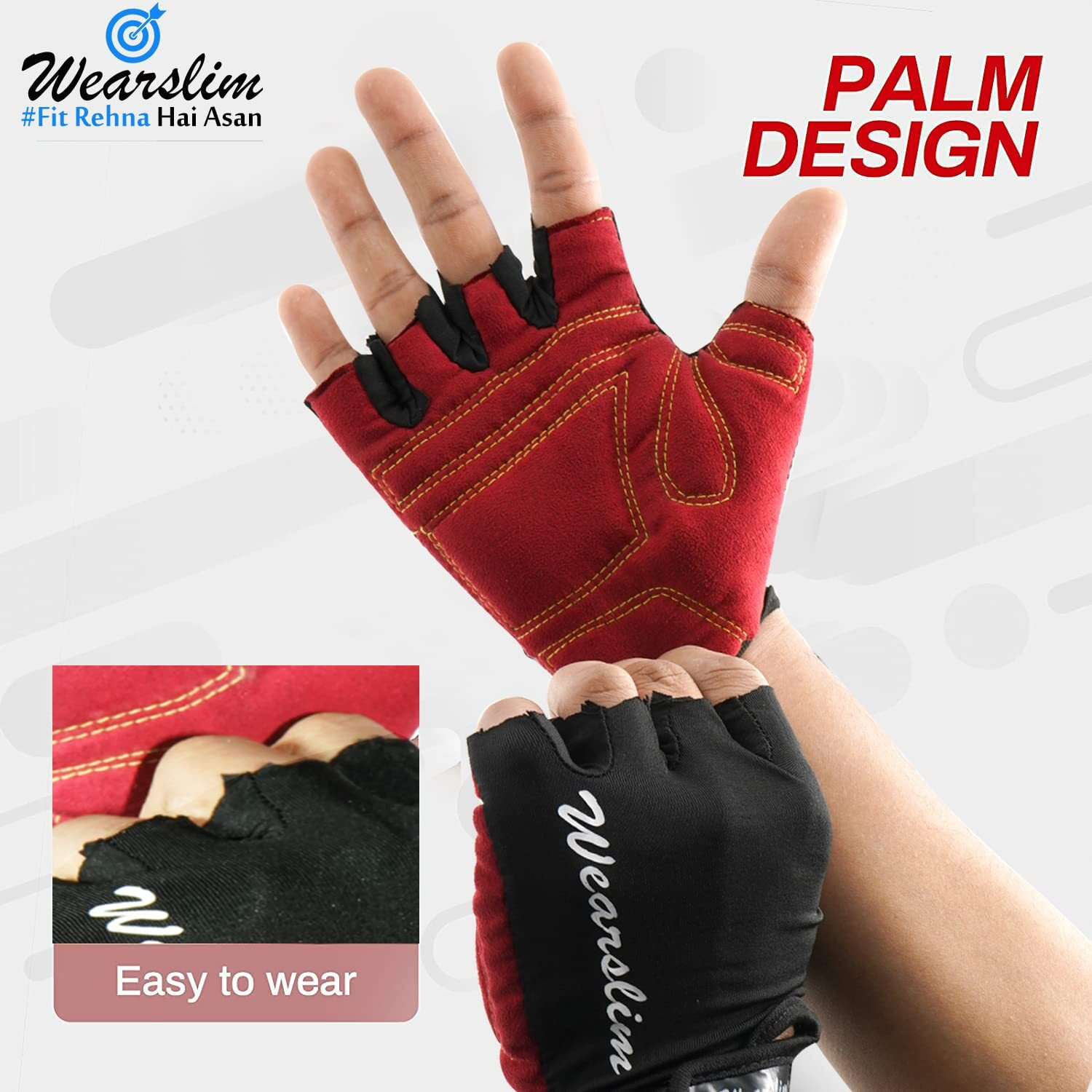 Wearslim Premium Workout Weight Lifting Fingerless Gym Gloves for Training, Exercise, Fitness Workout Hand Grips Exercises - Black & Red (Size- M)
