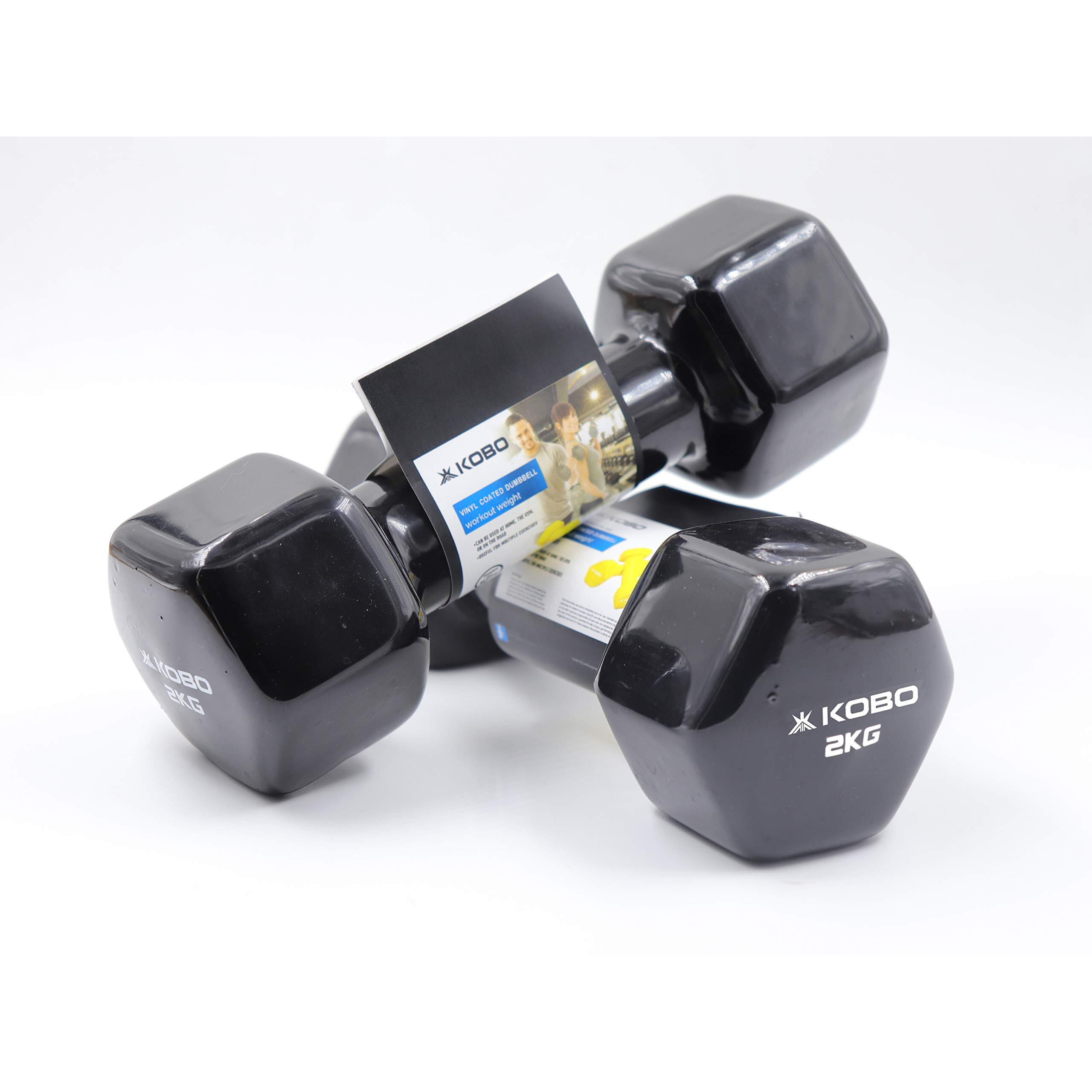 Kobo Vinyl Coated Iron Integrated Dumbbells Grippy Weights All-Purpose Color Coded Dumbbell for Strength Training (2 Kg x 2  4 Kg Pair, Black)