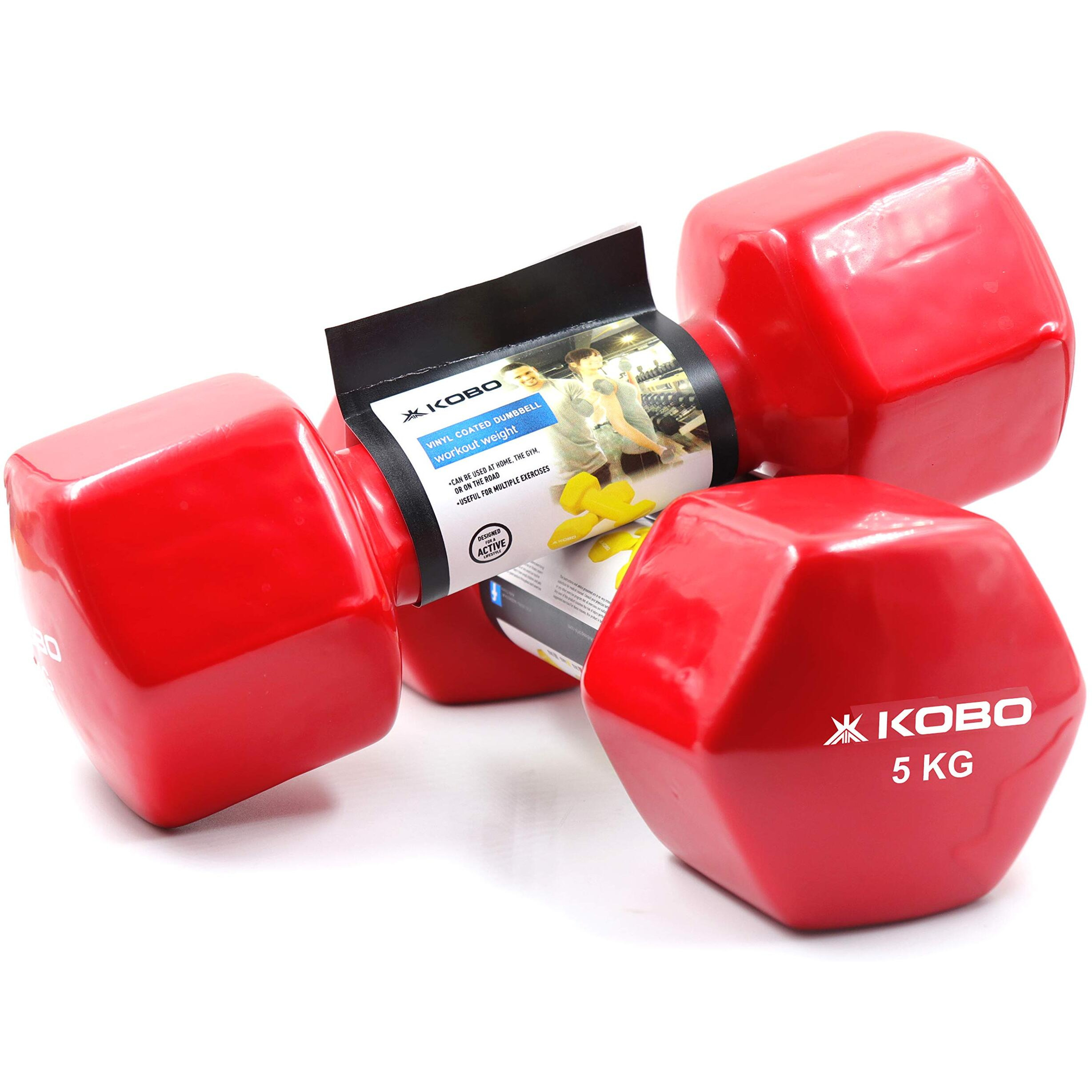 Kobo Vinyl Coated Iron Integrated Dumbbells Grippy Weights All-Purpose Color Coded Dumbbell for Strength Training (5 Kg x 2  10 Kg Pair)