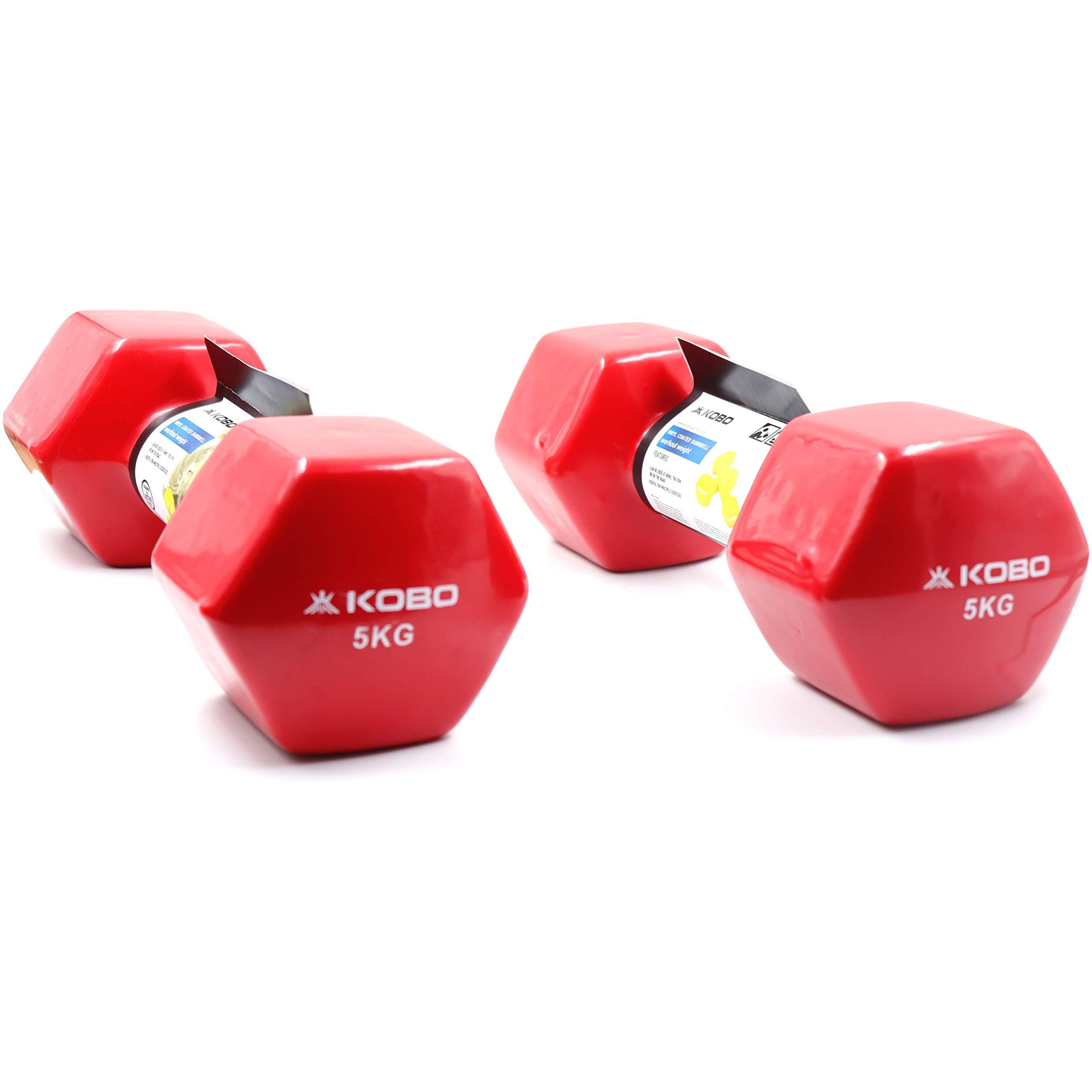 Kobo Vinyl Coated Iron Integrated Dumbbells Grippy Weights All-Purpose Color Coded Dumbbell for Strength Training (5 Kg x 2  10 Kg Pair)