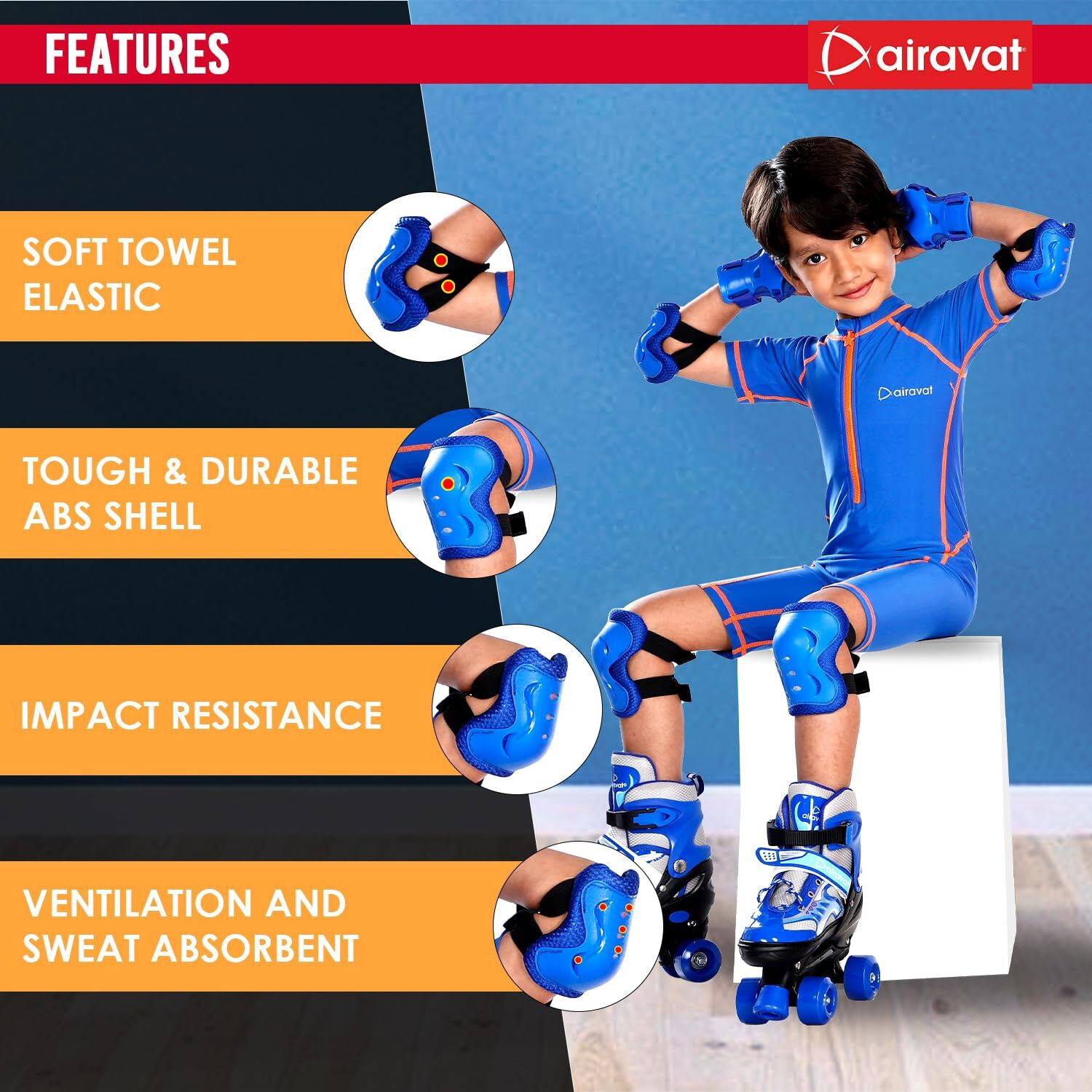 AIRAVAT Skating Guard, Cycling Protection Set, Protective Skating Guard Kit, Multi Sport Gear with 1 Pair Knee Support, Elbow Support, Palm Support (Small - 3 Year to 6 Year, White Black Color)