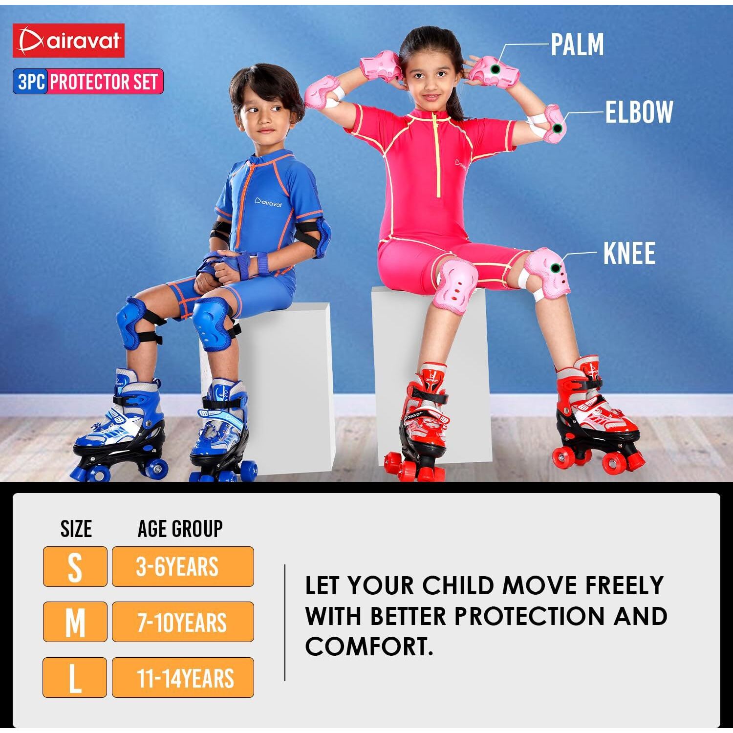 AIRAVAT Skating Guard, Cycling Protection Set, Protective Skating Guard Kit, Multi Sport Gear with 1 Pair Knee Support, Elbow Support, Palm Support (Small - 3 Year to 6 Year, White Black Color)