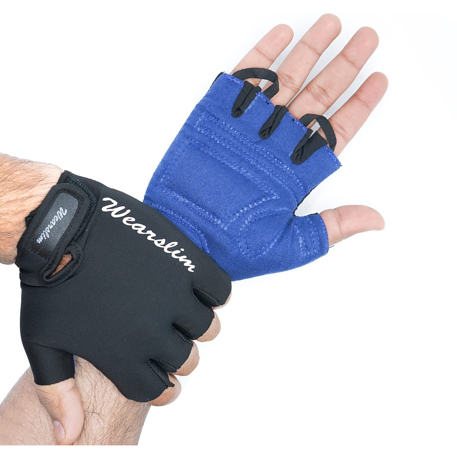 Wearslim Premium Workout Weight Lifting Fingerless Gym Gloves for Training, Exercise, Fitness Workout Hand Grips Exercises - Black & Blue (Size- S)
