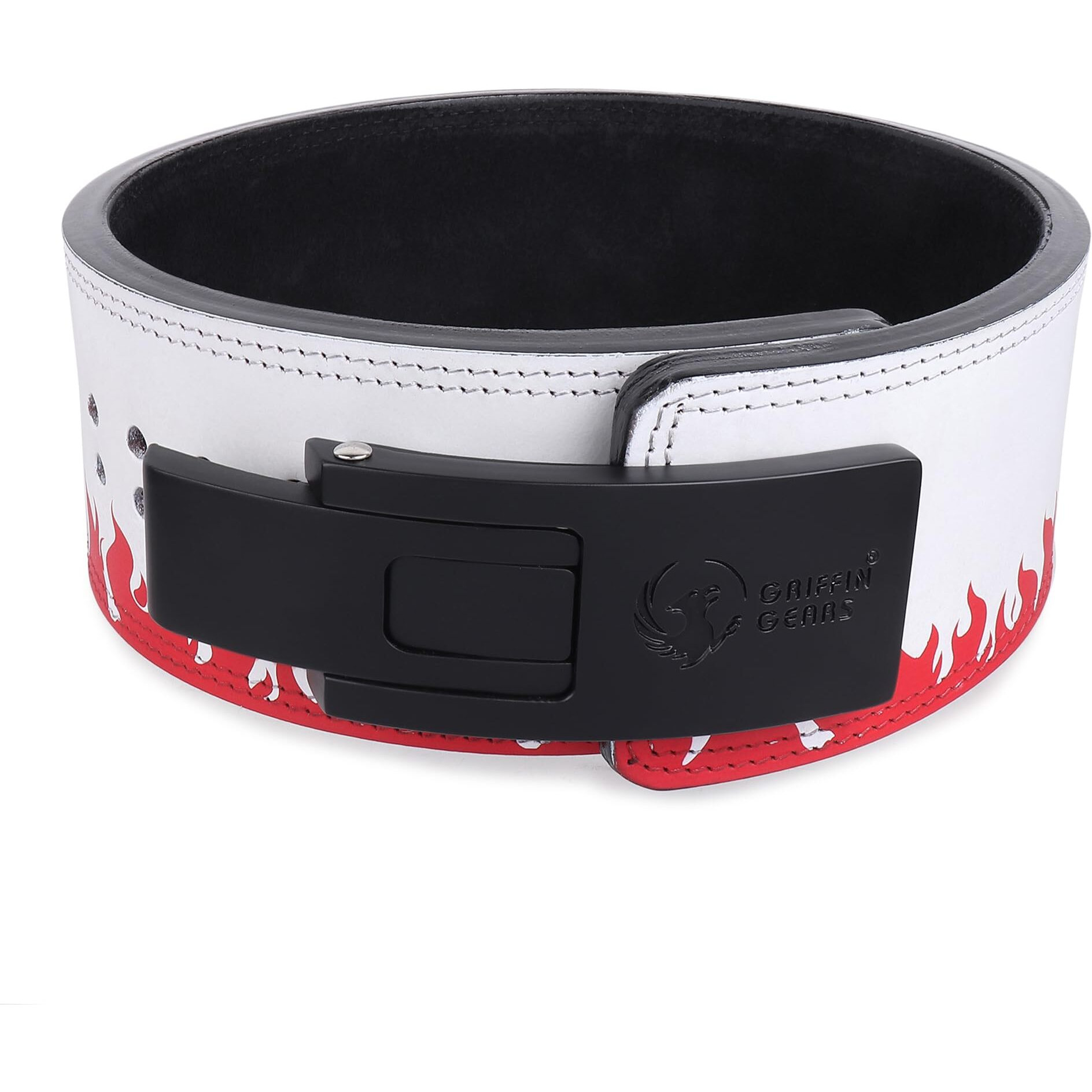 GRIFFIN GEARS Powerlifting Lever Gym Black Buckle With Red Fire Belt Power 13MM Extreme Heavy Duty Genuine Leather Belts-Squats Deadlifts Bodybuilding Weight Lifting IPF Strongman for Men(Small-26 -34 )