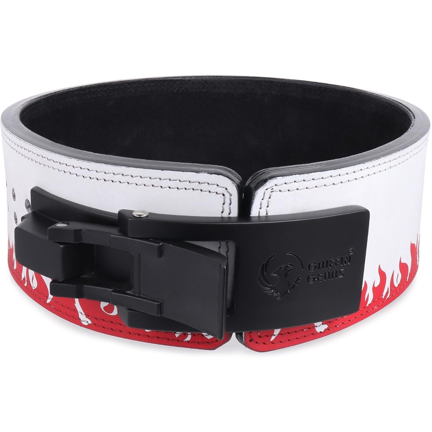 GRIFFIN GEARS Powerlifting Lever Gym Black Buckle With Red Fire Belt Power 13MM Extreme Heavy Duty Genuine Leather Belts-Squats Deadlifts Bodybuilding Weight Lifting IPF Strongman for Men(Small-26 -34 )
