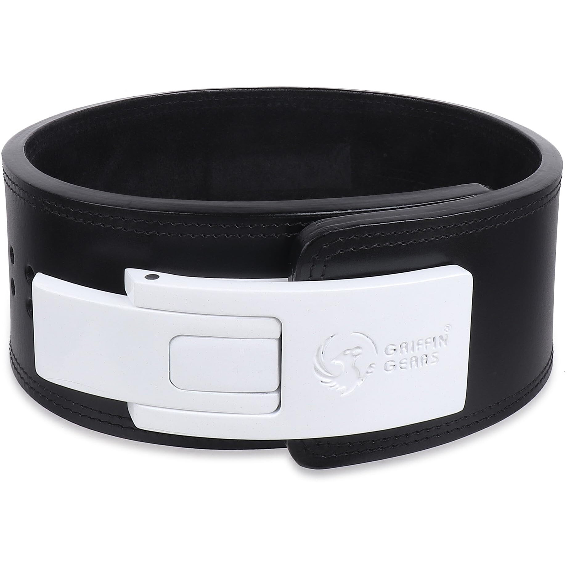 GRIFFIN GEARS Powerlifting Lever Gym White Buckle With Black Belt Power 13MM Extreme Heavy Duty Genuine Leather Belts-Squats Deadlifts Bodybuilding Weight Lifting IPF Strongman for Men(Small-26 -34 )