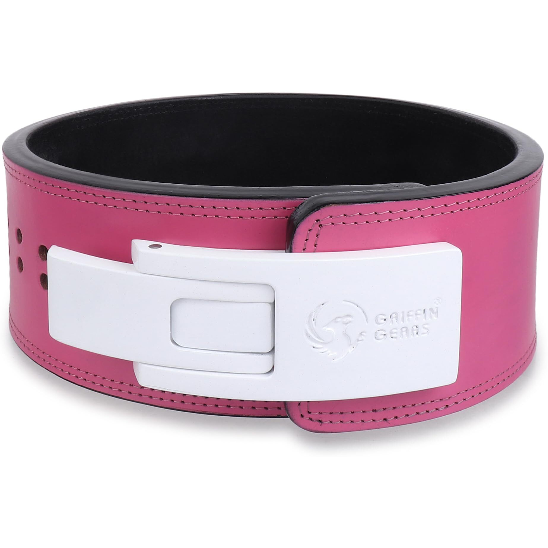 GRIFFIN GEARS Powerlifting Lever Gym White Buckle With Pink Belt Power 13MM Extreme Heavy Duty Genuine Leather Belts-Squats Deadlifts Bodybuilding Weight Lifting IPF Strongman for Men(Small-26 -34 )