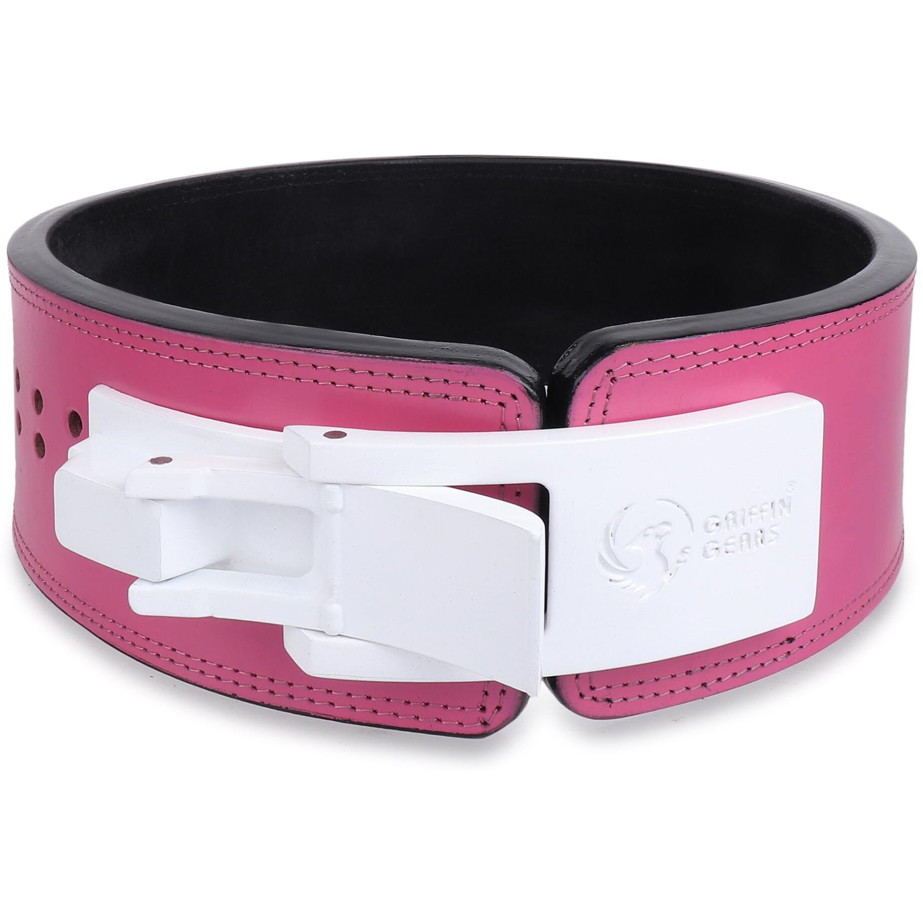 GRIFFIN GEARS Powerlifting Lever Gym White Buckle With Pink Belt Power 13MM Extreme Heavy Duty Genuine Leather Belts-Squats Deadlifts Bodybuilding Weight Lifting IPF Strongman for Men(Small-26 -34 )