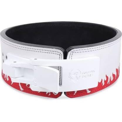 GRIFFIN GEARS Powerlifting Lever Gym White Buckle With Red Fire Belt Power 13MM Extreme Heavy Duty Genuine Leather Belts-Squats Deadlifts Bodybuilding Weight Lifting for Men(Small-26-34 Inch)