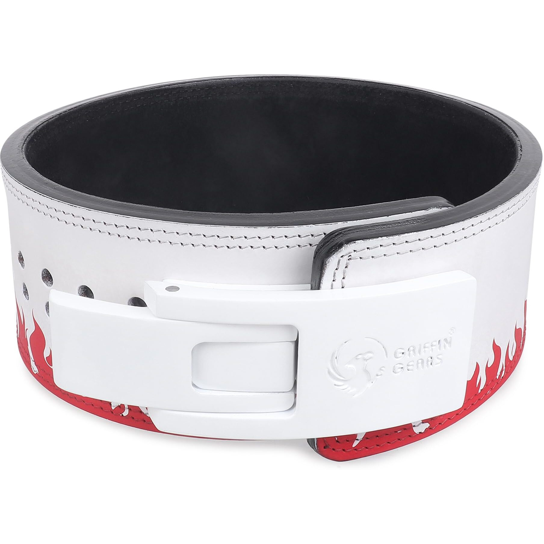 GRIFFIN GEARS Powerlifting Lever Gym White Buckle With Red Fire Belt Power 10MM Extreme Heavy Duty Genuine Leather Belts-Squats Deadlifts Bodybuilding Weight Lifting IPF Strongman for Men(M-32 -41 )