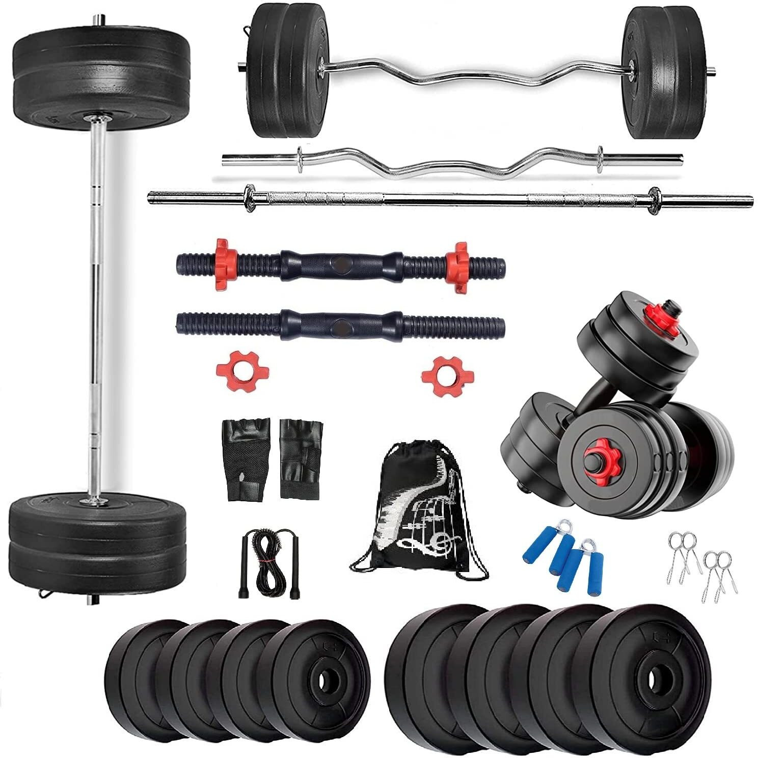 BODYFIT Home Gym Set, 8Kg to100Kg Weight Plates, 3ft Curl, 5Ft Straight Rod + One Pair New Dumbbell Rods, Exercise Set, Home Gym Set Kit. (46Kg Gym Set)