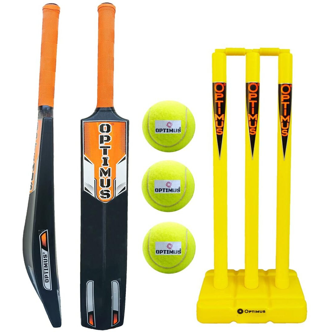 Optimus Cricket Kit Combo Set - 1 Plastic Bat 7 No. - 11 to 12 Yrs Age, 3 Cricket Tennis Ball, 30 Inch Plastic Stump Set 3 Pcs 2 Bails with Base - Orange Alpha B