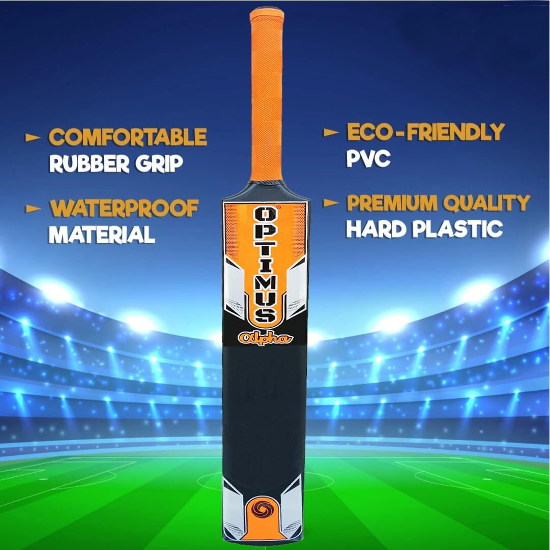 Optimus Cricket Kit Combo Set - 1 Plastic Bat 7 No. - 11 to 12 Yrs Age, 3 Cricket Tennis Ball, 30 Inch Plastic Stump Set 3 Pcs 2 Bails with Base - Orange Alpha B