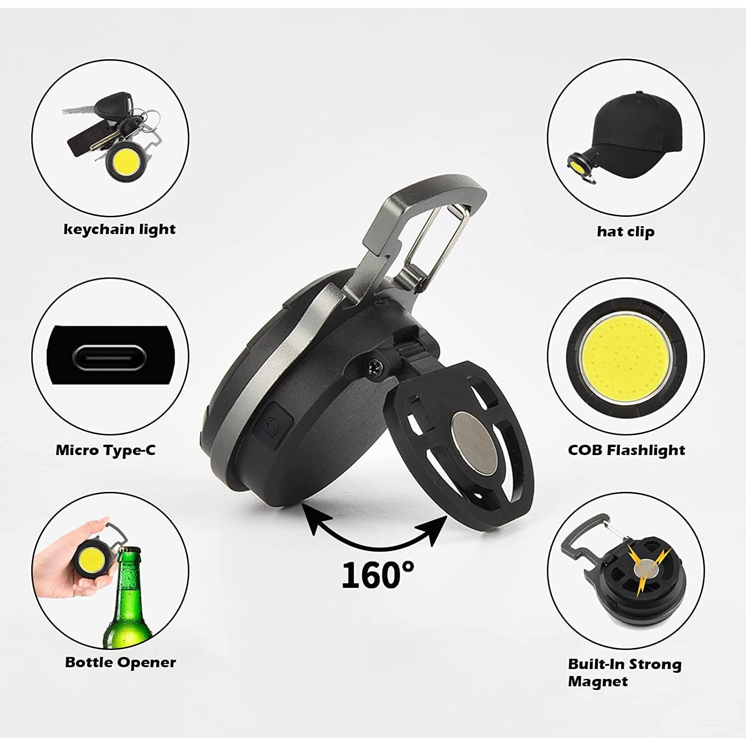 FABSPORTS Cob Small Flashlight, Rechargeable Keychain Flashlight With 800 Lumens, With Folding Bracket - Bottle Opener And Magnet Base For Walking, Camping, Emergency Lighting, 800 Lumen