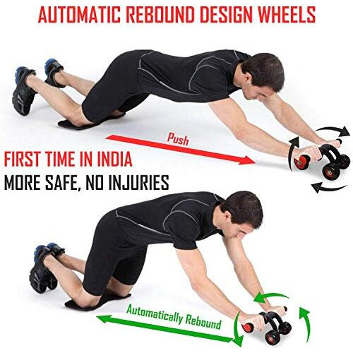 FITSY Automatic Rebound Design 4 Wheel Ab Roller With Knee Mat - Abdominal Workout Fitness Exercise Equipment