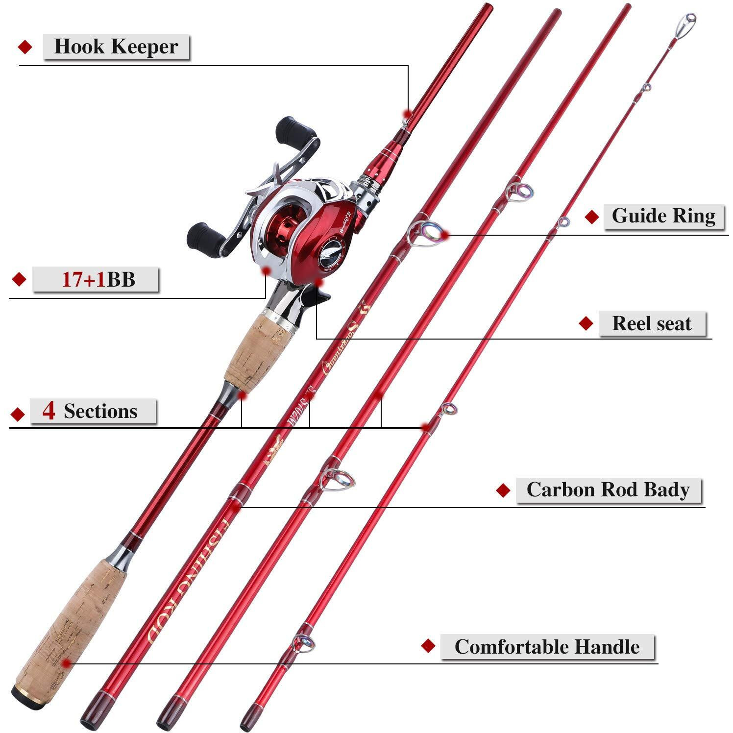 Sougayilang Fishing Baitcasting Combos, Lightweight Carbon Fiber Fishing Pole and 11+1BB Fishing Reel Right Hand for Travel 4-Piece Salt Fresh Water-Right Hand 6.9FT with Carrier Bag