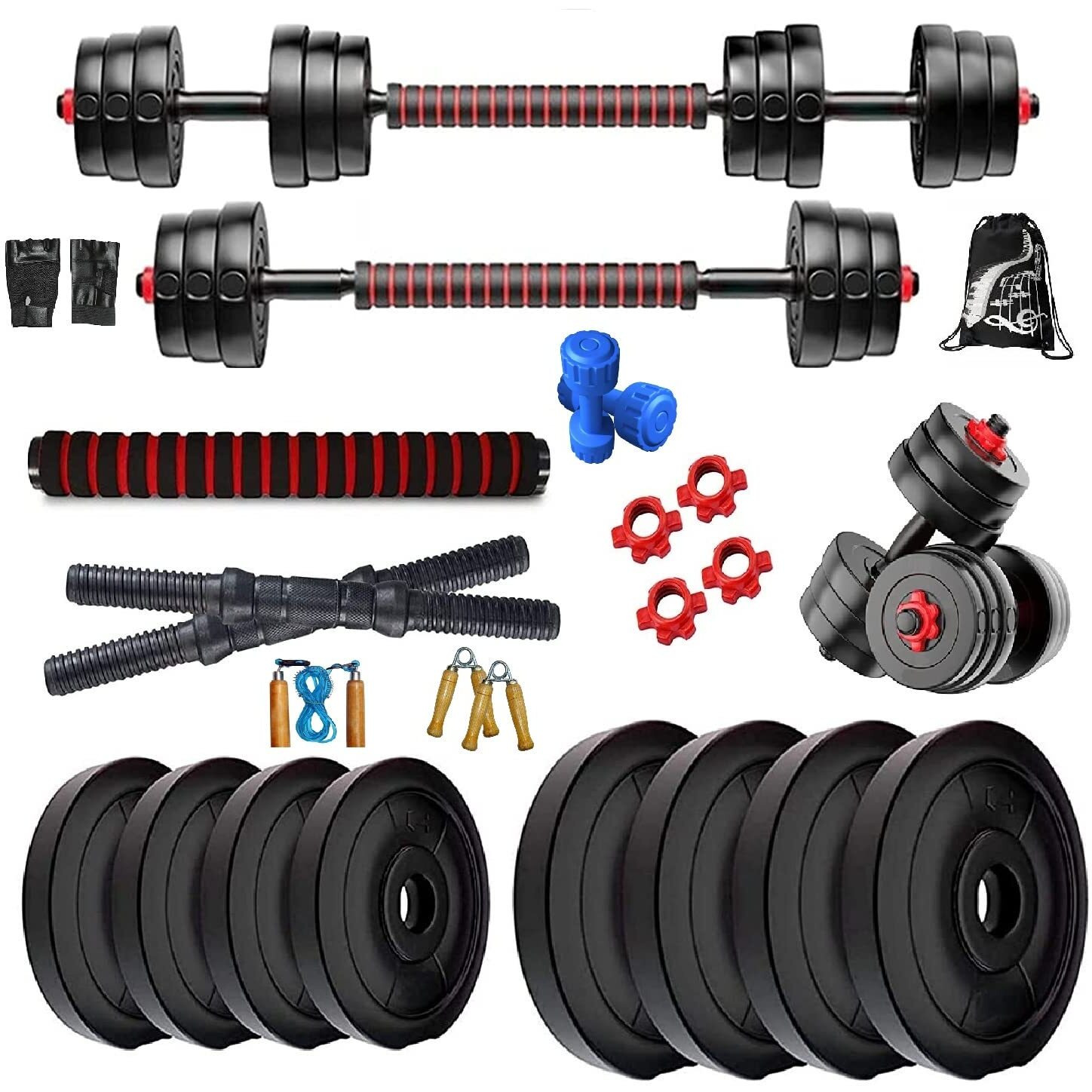 Bodyfit Dumbles Gym Set, Home Gym Weight Plates + 3in1 Multi-Convertor Rod, 2 Star Dumbbell Rods, Strength Exercise Set, 1kg PVC Dumbbell. (12kg Weight Plates)