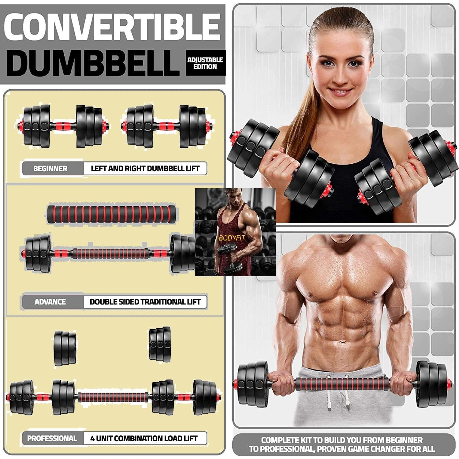 Bodyfit Dumbles Gym Set, Home Gym Weight Plates + 3in1 Multi-Convertor Rod, 2 Star Dumbbell Rods, Strength Exercise Set, 1kg PVC Dumbbell. (16kg Weight Plates)