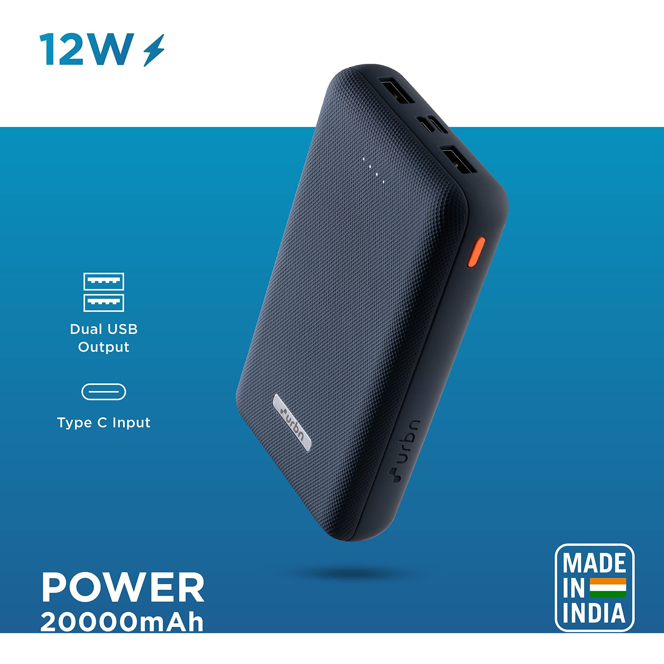 URBN 20000 mAh Li-Polymer Ultra Compact Power Bank | 12W Fast Charge | Dual USB Output | Type C & Micro Input Only | Pocket Size | Made in India (Blue)