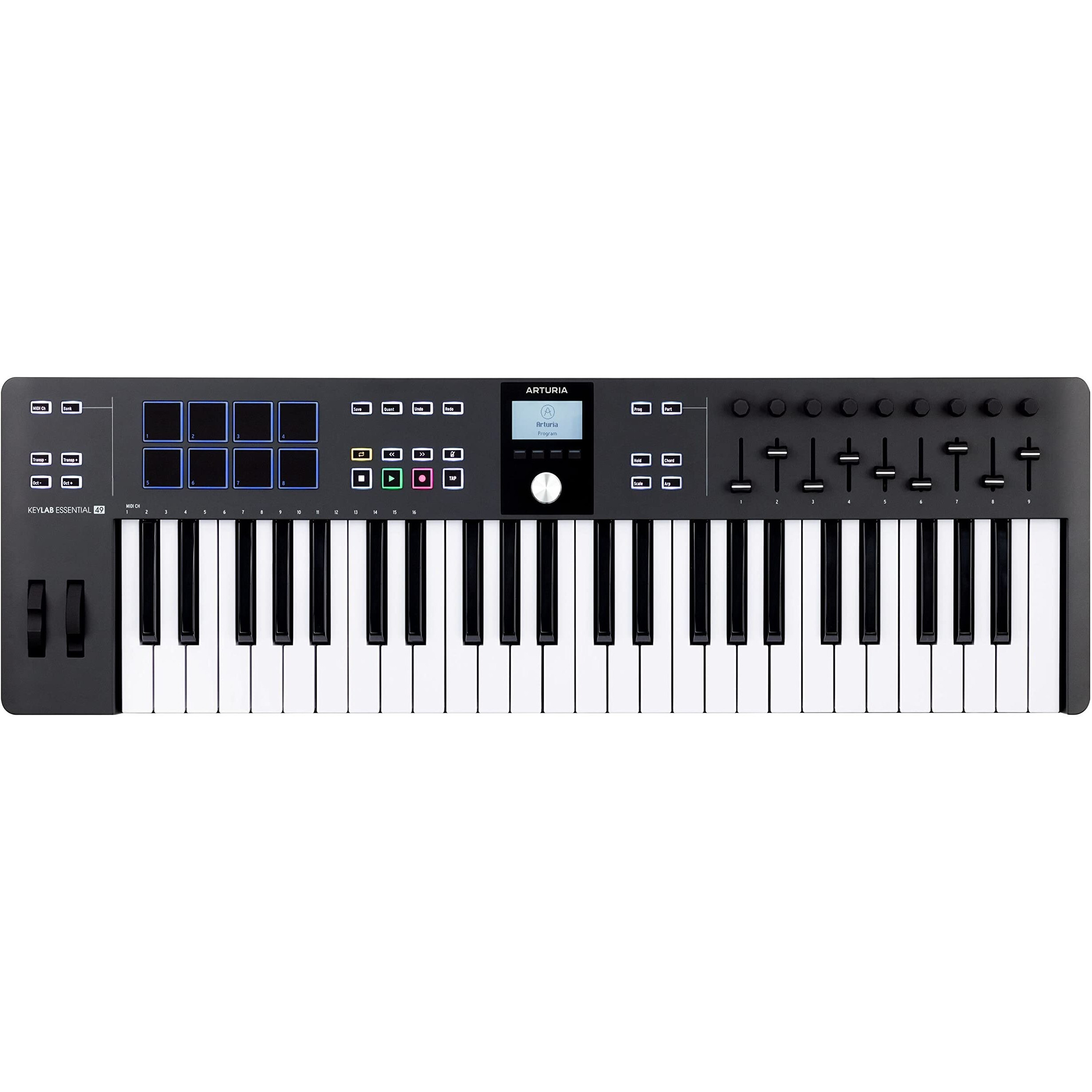 Arturia KeyLab Essential 49 mk3 MIDI Controller with 49 Velocity-Sensitive keys, 9 Encoders, 9 Sliders, 8 RGB Pads - USB-C, Midi Out, LCD Screen, Bundled Software and DAW Integration - Black