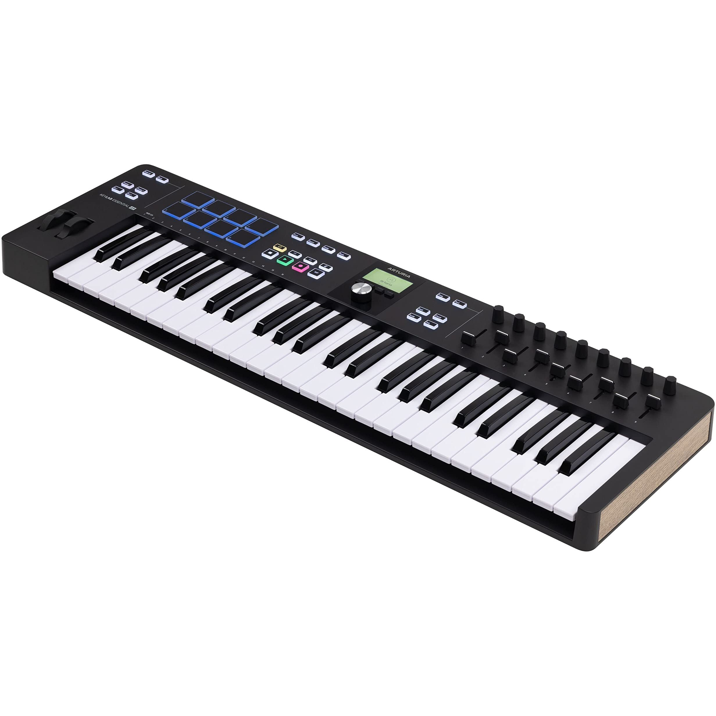 Arturia KeyLab Essential 49 mk3 MIDI Controller with 49 Velocity-Sensitive keys, 9 Encoders, 9 Sliders, 8 RGB Pads - USB-C, Midi Out, LCD Screen, Bundled Software and DAW Integration - Black