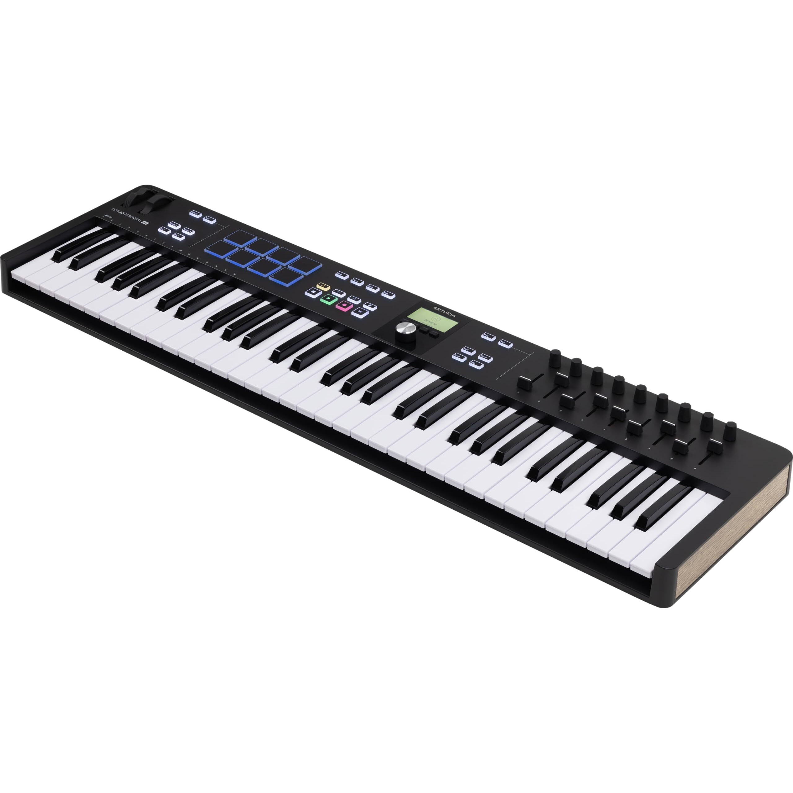 Arturia KeyLab Essential 61 mk3 MIDI Controller with 61 Velocity-Sensitive Keys, 9 Encoders, 9 Sliders, 8 RGB Pads - USB-C, Midi Out, LCD Screen, Bundled Software and DAW Integration - Black