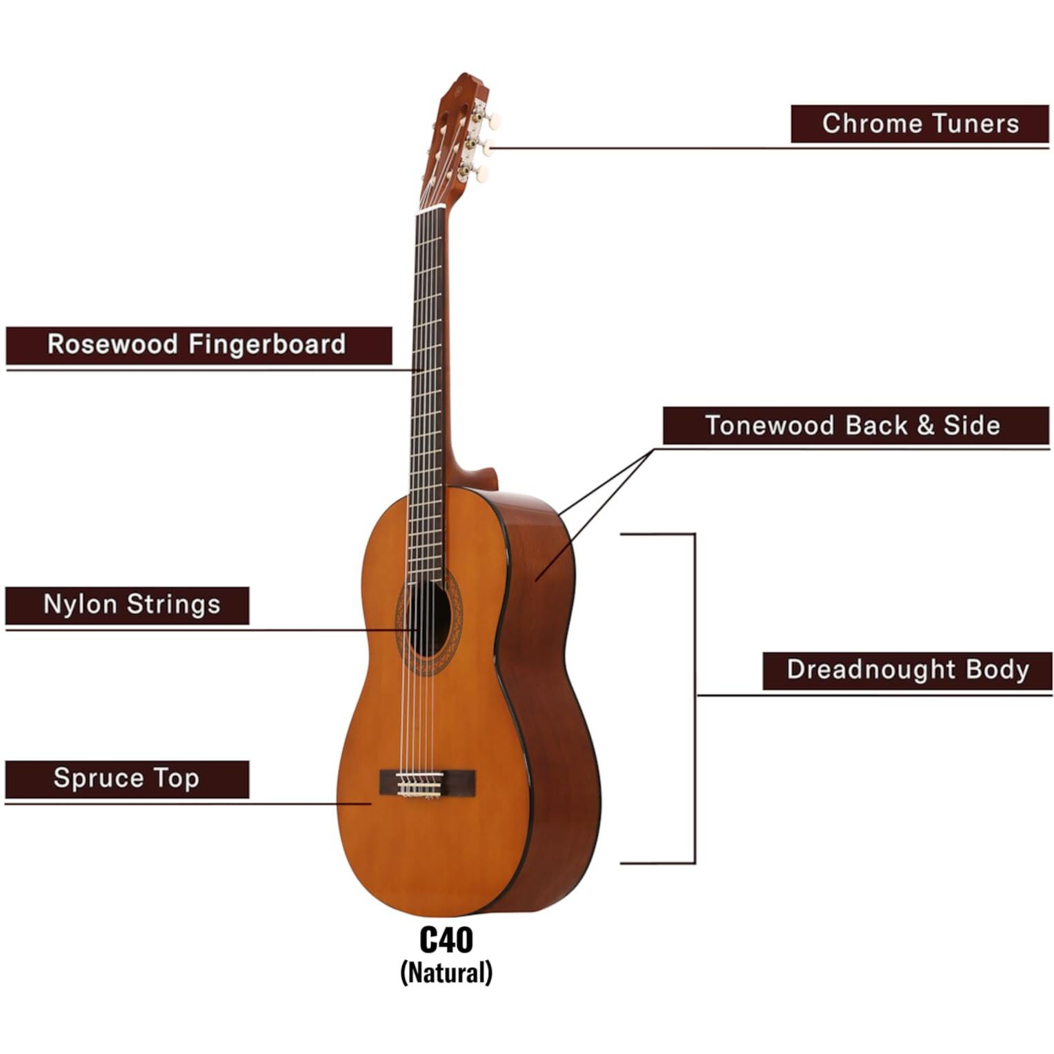 Yamaha 22.8 Inches Merantiwood Classical Guitar C40//02 (Brown)