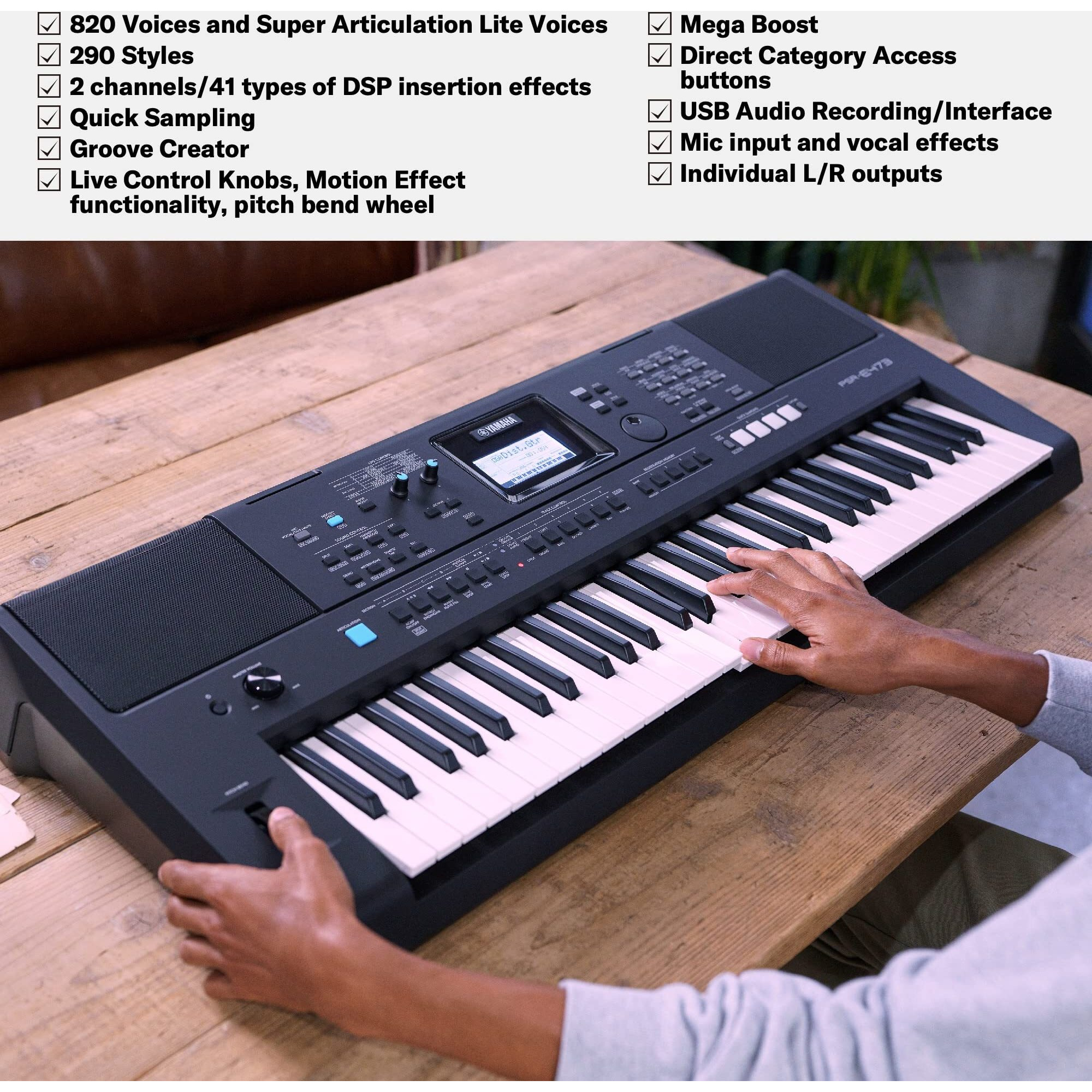 YAMAHA PSR-E473,61 KEYS PORTABLE KEYBOARD WITH POWER ADAPTOR, Black