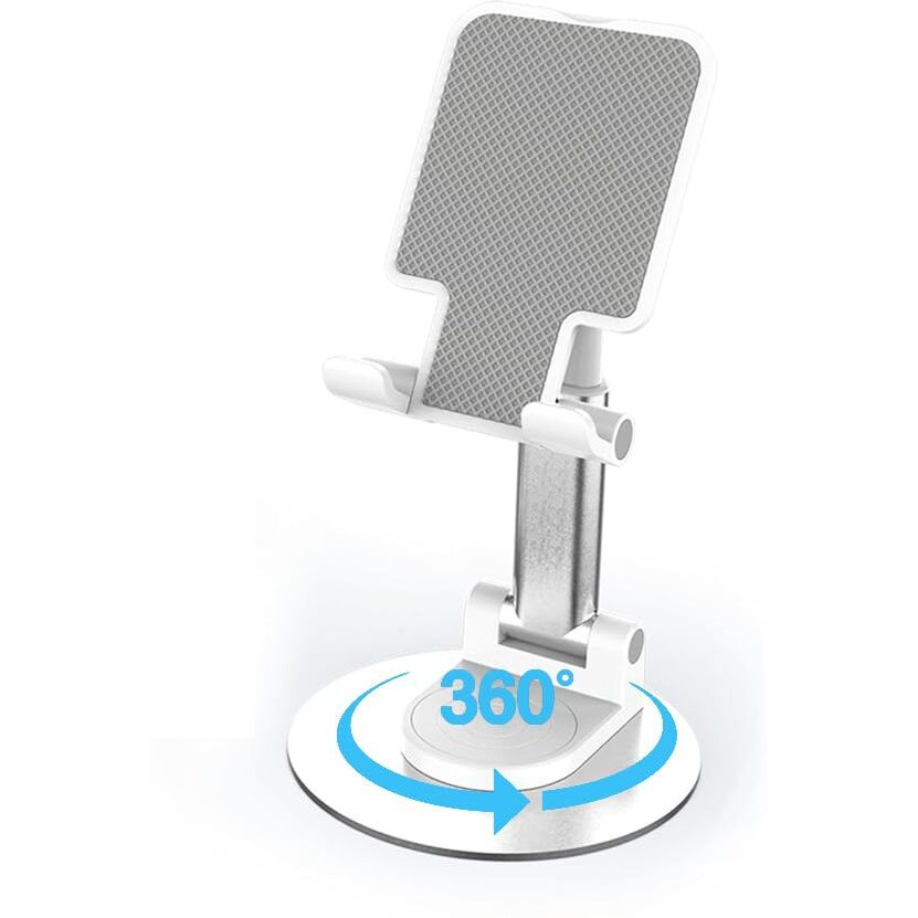 Dyazo Desktop Mobile Stand/Cell Phone Mount with 360 Heavy Rotational Base Height Adjustment Foldable Multiple Adjustment Angles, for Tablets & Phone 4 inch to 10 inch (White)