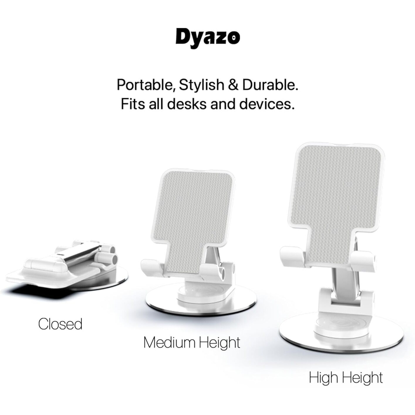 Dyazo Desktop Mobile Stand/Cell Phone Mount with 360 Heavy Rotational Base Height Adjustment Foldable Multiple Adjustment Angles, for Tablets & Phone 4 inch to 10 inch (White)