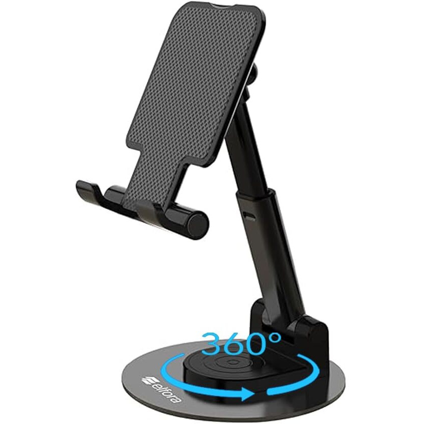 Elfora 360 Mobile Stand |Rotatable & Foldable | Tabletop Mobile Holder |Multiple Height & Angle Adjustments | Compatible for iPhone | Samsung | Oneplus | Vivo | Oppo & Other Smartphones (Black)