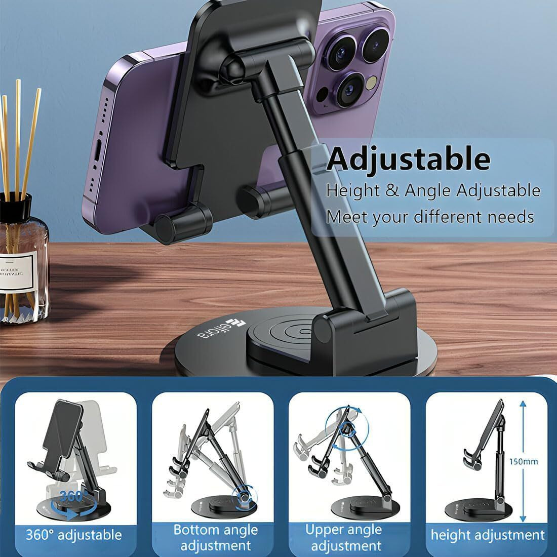 Elfora 360 Mobile Stand |Rotatable & Foldable | Tabletop Mobile Holder |Multiple Height & Angle Adjustments | Compatible for iPhone | Samsung | Oneplus | Vivo | Oppo & Other Smartphones (Black)