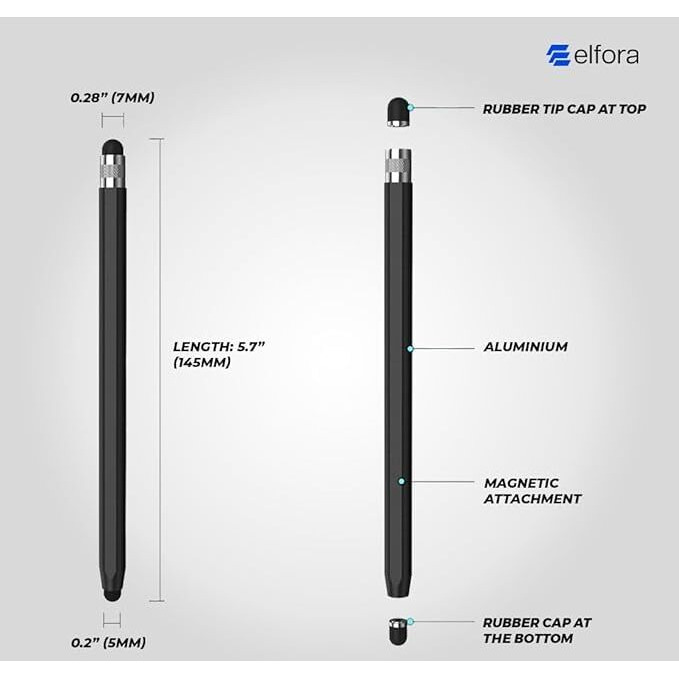 Elfora 2 in 1 Tablet Stylus Pen for All Touch Screens Devices | Fine Point Tip | High Sensitivity & Precision Capacitive Pen with Compatible for iOS, Android, and Windows  Black