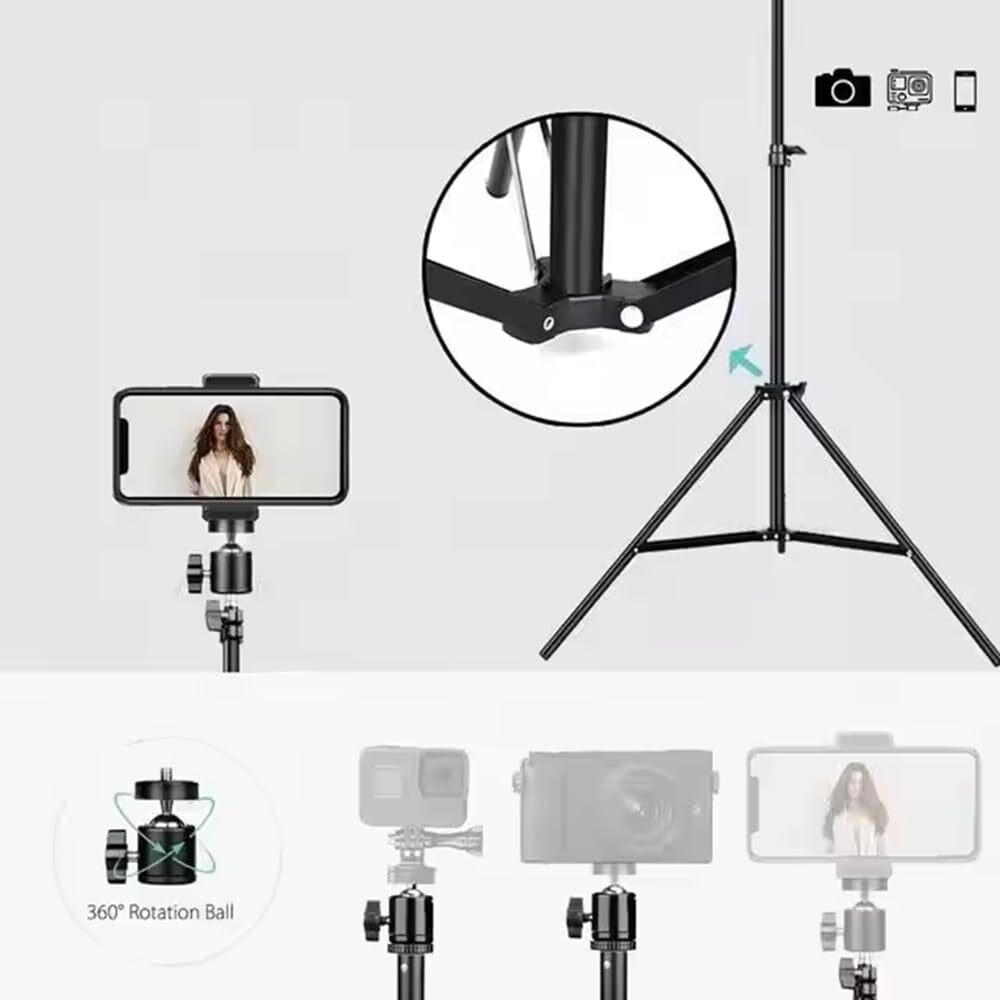 Elfora 7 feet Lightweight Tripod Stand with Adjustable Mobile Phone | Portable, Compact and Sturdy for Stable Photos and Videos | Compatible for All Mobile and Camera (Black)