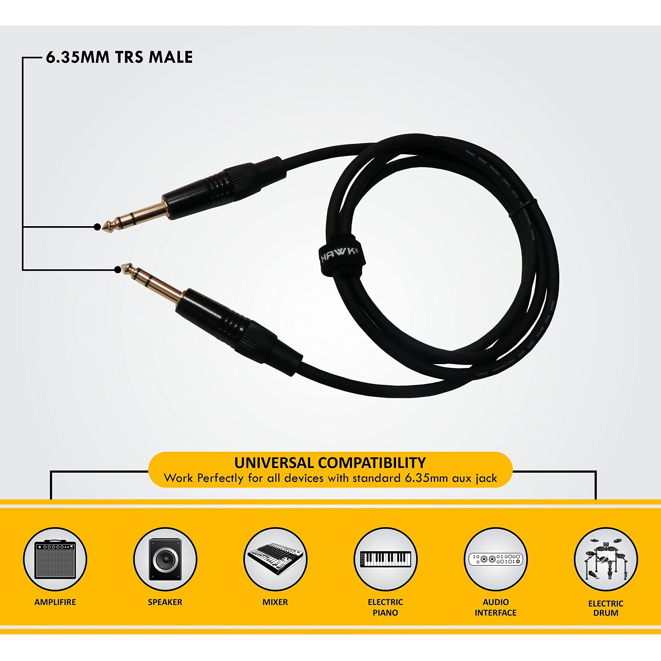 Hawk Proaudio SMSG010 Amplifier Gold Series 6.35mm TRS Male to 6.35mm TRS Male With Cable Tie - 3 Meter (Black)