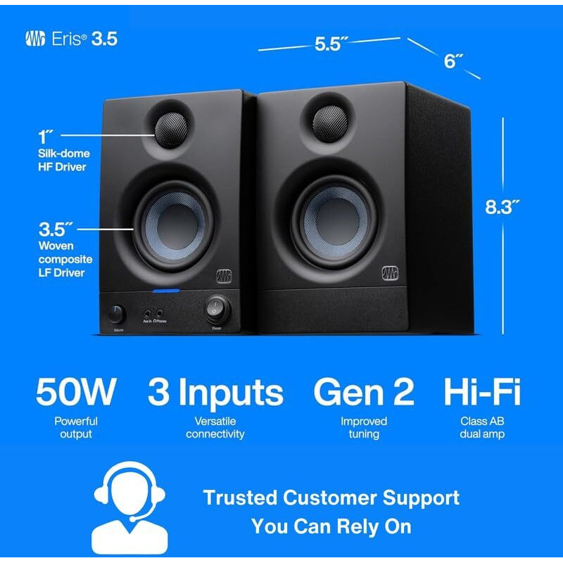 PreSonus Eris 3.5 2nd Gen HD Professional Studio Monitors with 3.5" Woven Composite Woofer, 1" Silk-Dome Tweeter, 50W Class AB Power and Tuning Controls (Auxillary) - Pair (Black)