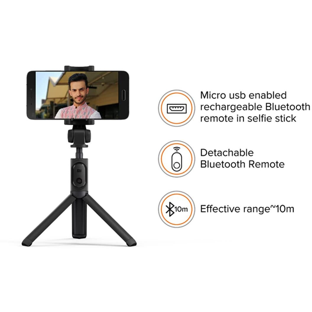 Xiaomi Selfie Stick with Micro USB Rechargeable Bluetooth Remote, Tripod Stand, Multifunctional Selfie Stick with Extendable Aluminium Monopod, 360 deg Rotation Phone Holder, Adjustable Grip (Black)