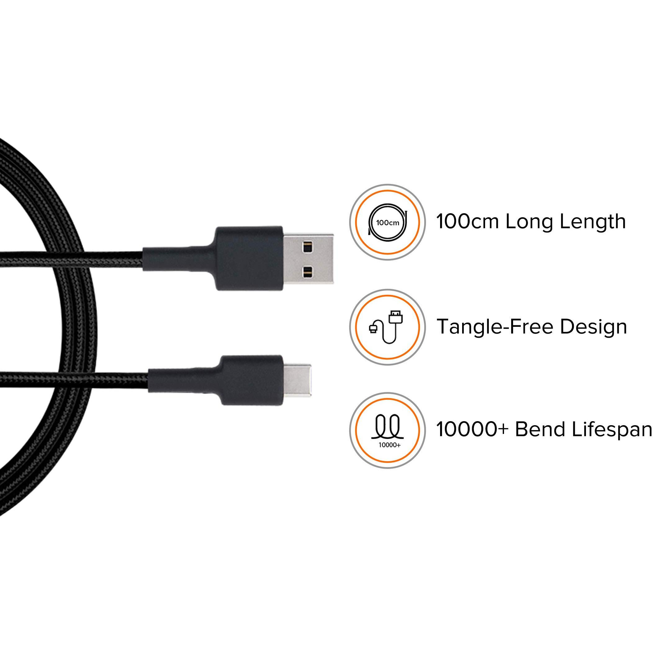 MI Braided Type C 100cm Cable Black|Supports upto 22.5 fast charging|Tangle free Sturdy built with kevlar protection|Supports all mobiles & accessories with type C Input|Toughened Joints
