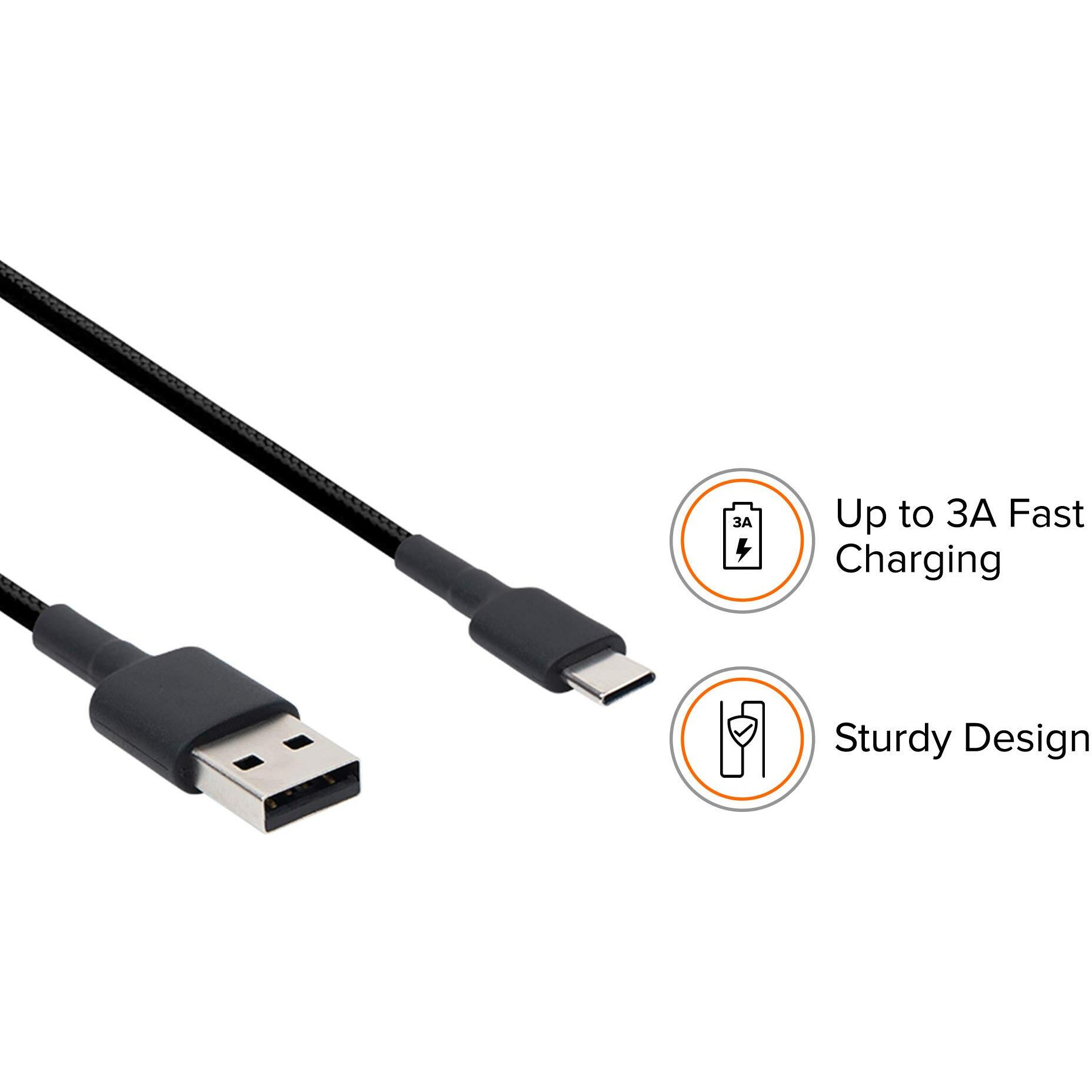 MI Braided Type C 100cm Cable Black|Supports upto 22.5 fast charging|Tangle free Sturdy built with kevlar protection|Supports all mobiles & accessories with type C Input|Toughened Joints