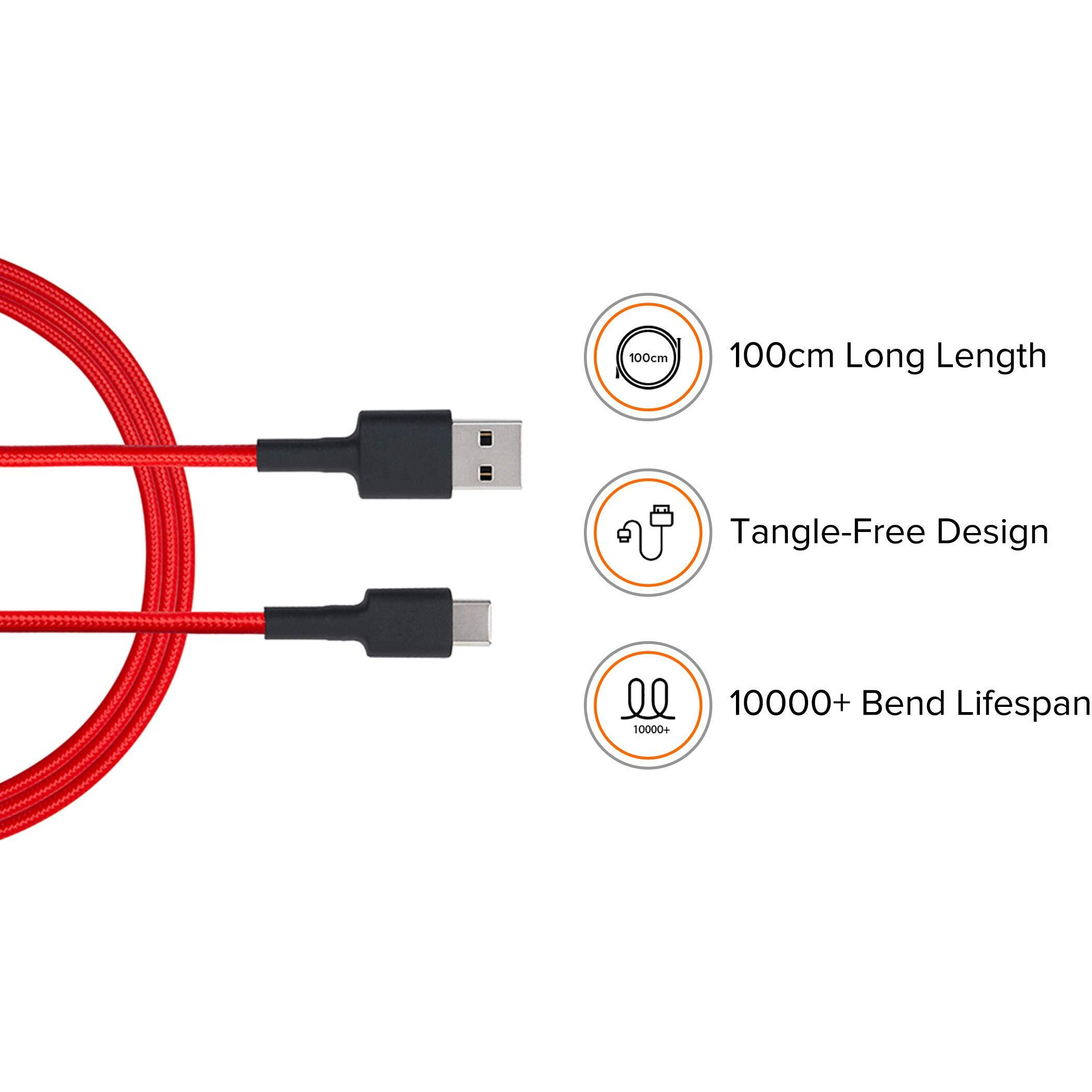 MI Braided Type C 100cm Cable Red|Supports upto 22.5 fast charging|Tangle free Sturdy built with kevlar protection|Supports all mobiles & accessories with type C Input|Toughened Joints