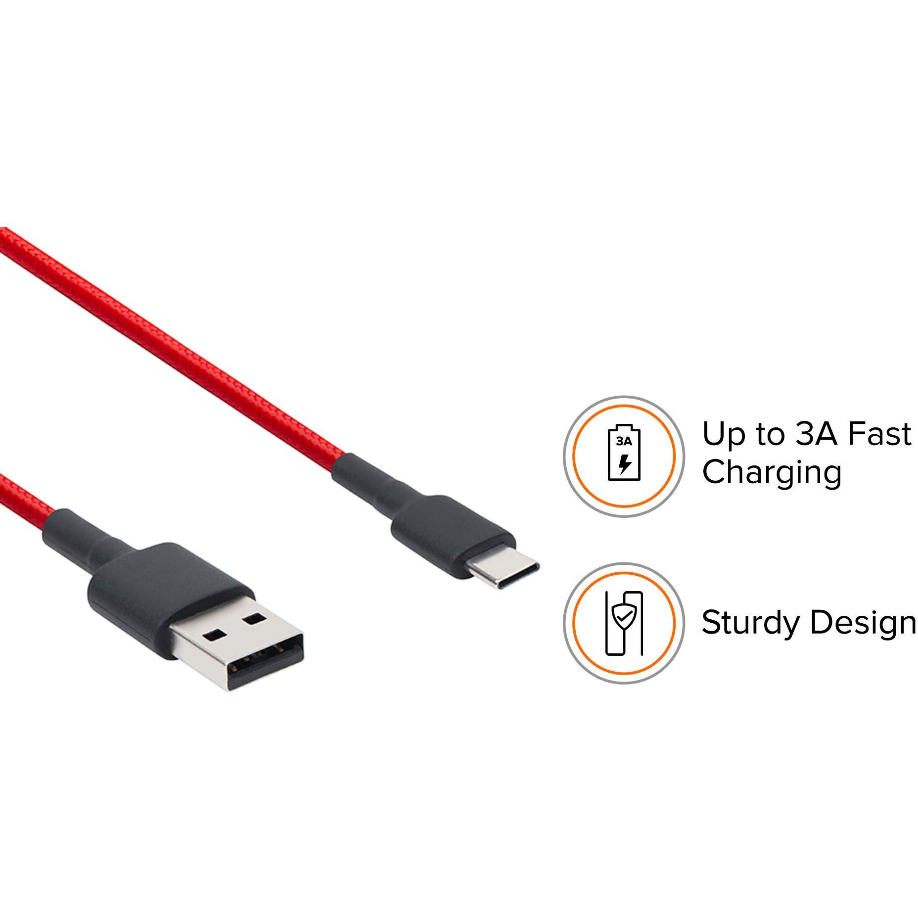 MI Braided Type C 100cm Cable Red|Supports upto 22.5 fast charging|Tangle free Sturdy built with kevlar protection|Supports all mobiles & accessories with type C Input|Toughened Joints