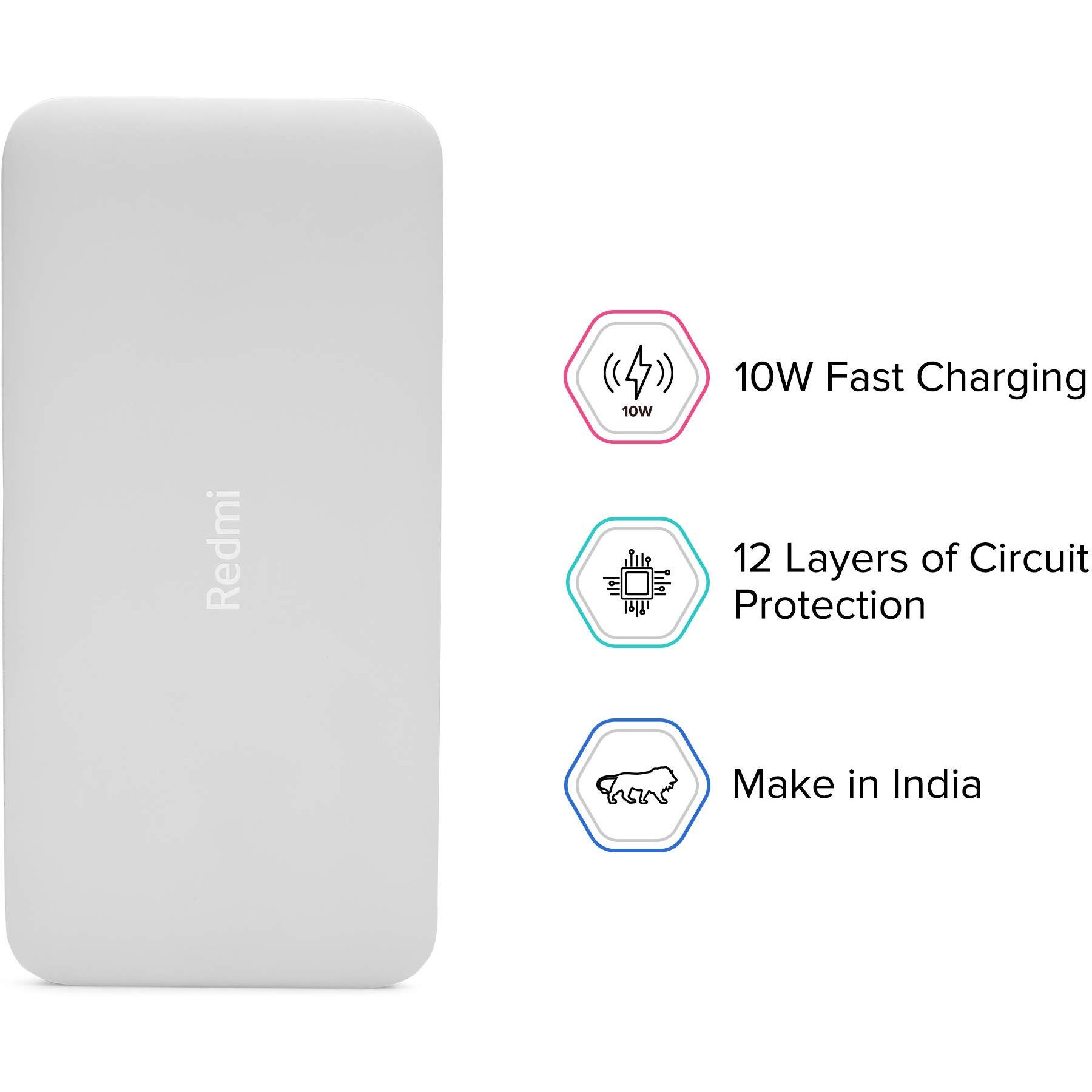 Redmi 10000mAh Lithium Polymer Power Bank with 10 Watt Fast Charging, (White)