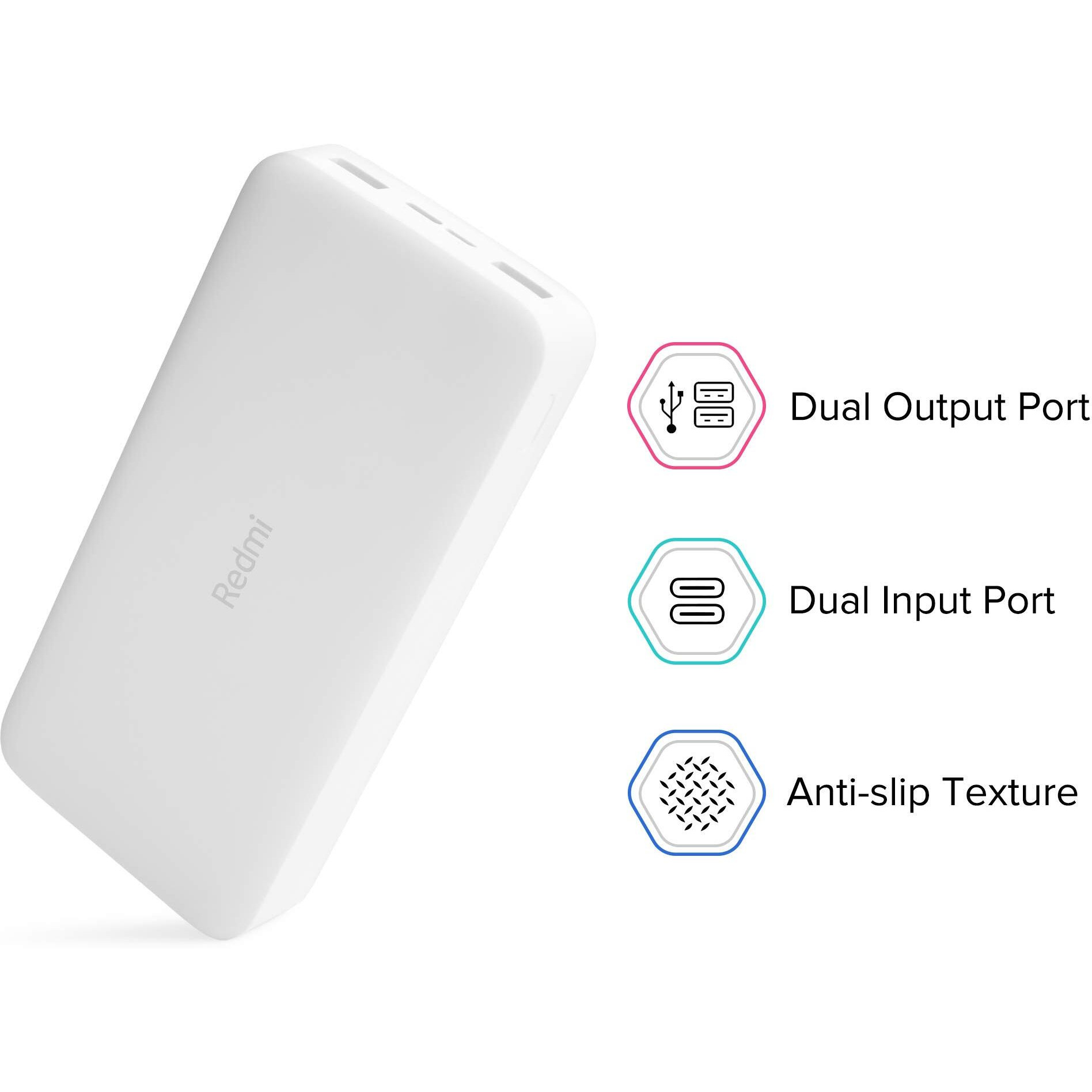 Redmi 20000mAh Power Bank, USB Type C, Micro USB Ports, Dual USB Output, 18W Fast Charging, Low Power Mode, (White)