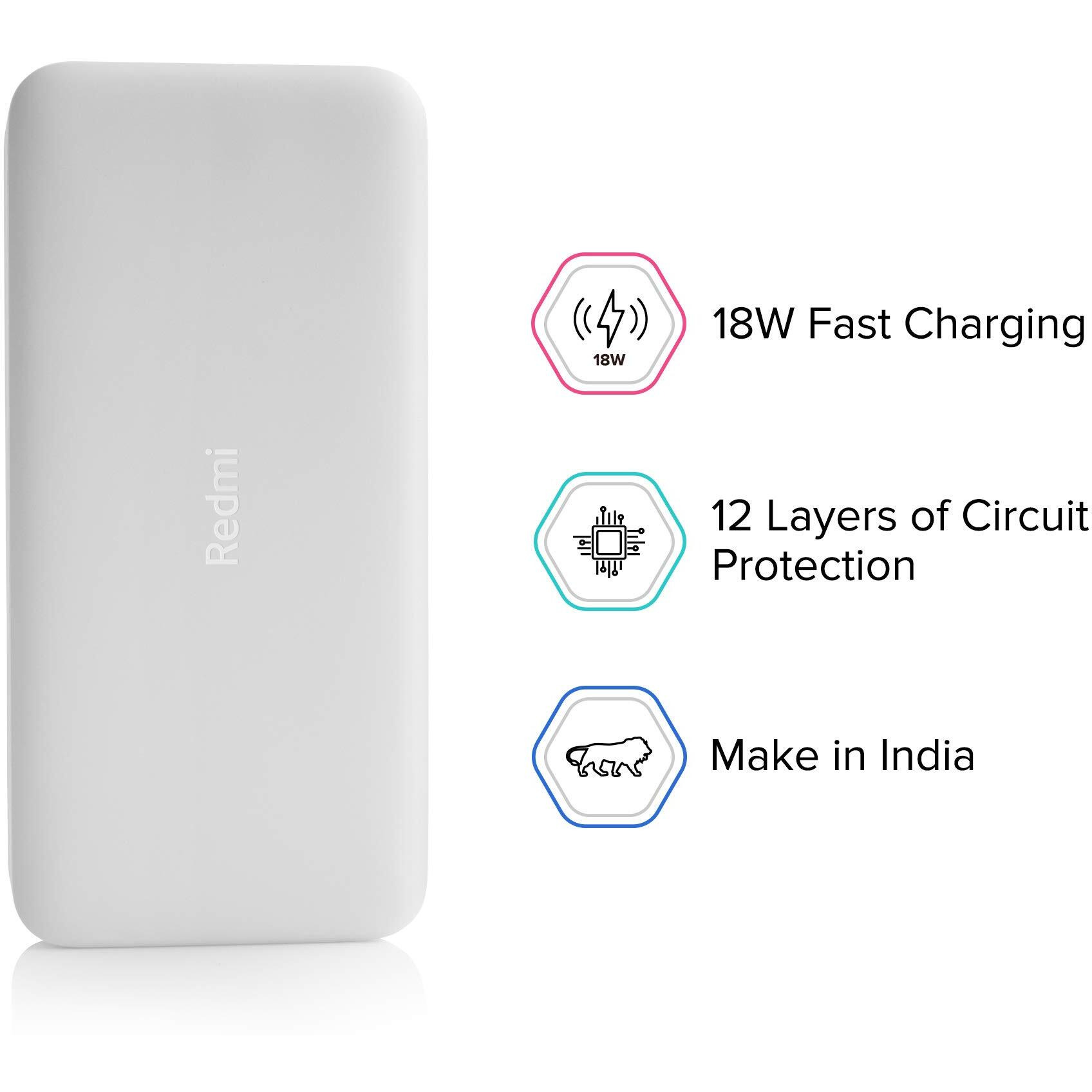 Redmi 20000mAh Power Bank, USB Type C, Micro USB Ports, Dual USB Output, 18W Fast Charging, Low Power Mode, (White)