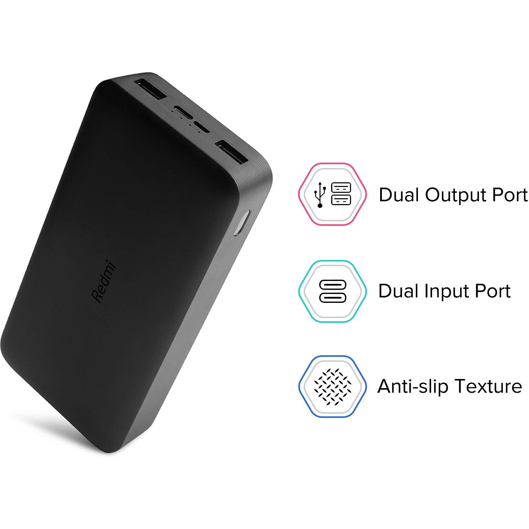 Redmi 20000mAh Li-Polymer Power Bank, USB Type C and Micro USB Ports, 18W Fast Charging, Low Power Mode, Black